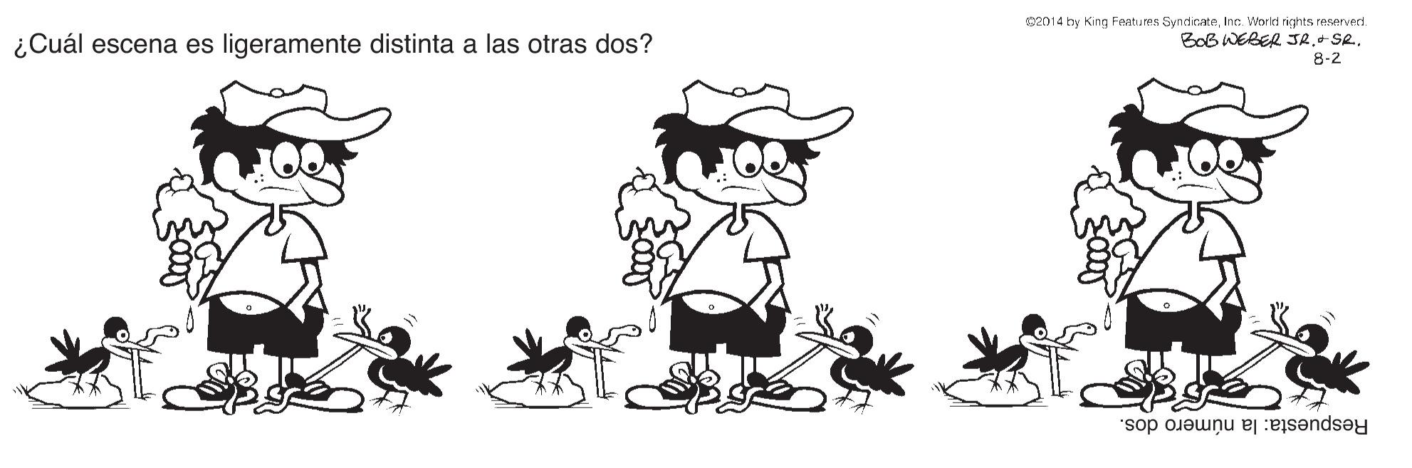Art OCR: ¿Cuál escena es ligeramente distinta a las otras dos? 2014 by King Features Syn dicateInc. World rights reservect. BoB WEBER JR. SR. 8-2 Respuesta: la número dos. ¿Cuál escena es ligeramente distinta a las otras dos? 2014 by King Features Syn dicateInc. World rights reservect. BoB WEBER JR. SR. 8-2 Respuesta: la número dos.