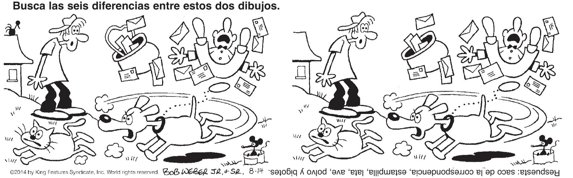 Jaw OCR: Busca las seis diferencias entre estos dos dibujos. Respuesta: saco de la correspondenciapolvo y bigotes. hl-8 M gog pns suEu po au 'apepus saneay buy ka PLOZ9 Busca las seis diferencias entre estos dos dibujos. Respuesta: saco de la correspondenciapolvo y bigotes. hl-8 M gog pns suEu po au 'apepus saneay buy ka PLOZ9