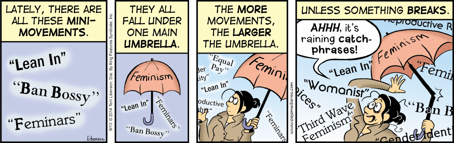 Fictional character OCR: LATELYTHERE ARE ALL THESE MINI- MOVEMENTS. THEY ALL FALL UNDER ONE MAIN UMBRELLA. THE MORE MOVEMENTSUNLESS SOMETHING BREAKS. productive R ????it's raining catch- phrases! Feminism Fèmi THE LARGER THE UMBRELLA. Feminiices" "Lean In" "Equal Pay" "Lean In "Womanist"s Ber Feminism ity" "Ban Bossy" "Lean In" oductive R"Ban B Third Wave Feminism "Lean In" "Feminars" "Ban Bossy Libenson cendetident "Feminars 'Feminars" LATELYTHERE ARE ALL THESE MINI- MOVEMENTS. THEY ALL FALL UNDER ONE MAIN UMBRELLA. THE MORE MOVEMENTSUNLESS SOMETHING BREAKS. productive R ????it's raining catch- phrases! Feminism Fèmi THE LARGER THE UMBRELLA. Feminiices" "Lean In" "Equal Pay" "Lean In "Womanist"s Ber Feminism ity" "Ban Bossy" "Lean In" oductive R"Ban B Third Wave Feminism "Lean In" "Feminars" "Ban Bossy Libenson cendetident "Feminars 'Feminars"