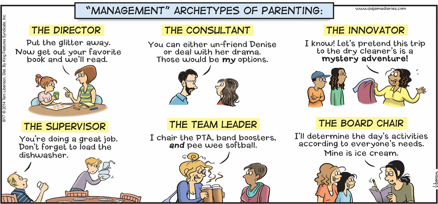 Happy OCR: "MANAGEMENT" ARCHETYPES OF PARENTING: www.pajamadiaries.com THE DIRECTOR THE CONSULTANT THE INNOVATOR Put the glitter away. Now get out your favorite book and we'll read. You can either un-friend Denise or deal with her drama. Those would be my options. I know! Let's pretend this trip to the dry cleaner's is a mystery adventure! THE SUPERVISOR THE TEAM LEADER THE BOARD CHAIR You're doing a great job. Don't forget to load the dishwasher. I chair the PTAand pee wee softball. I'll determine the day's activities according to everyone's needs. Mine is ice cream. "MANAGEMENT" ARCHETYPES OF PARENTING: www.pajamadiaries.com THE DIRECTOR THE CONSULTANT THE INNOVATOR Put the glitter away. Now get out your favorite book and we'll read. You can either un-friend Denise or deal with her drama. Those would be my options. I know! Let's pretend this trip to the dry cleaner's is a mystery adventure! THE SUPERVISOR THE TEAM LEADER THE BOARD CHAIR You're doing a great job. Don't forget to load the dishwasher. I chair the PTAband boostersand pee wee softball. I'll determine the day's activities according to everyone's needs. Mine is ice cream.