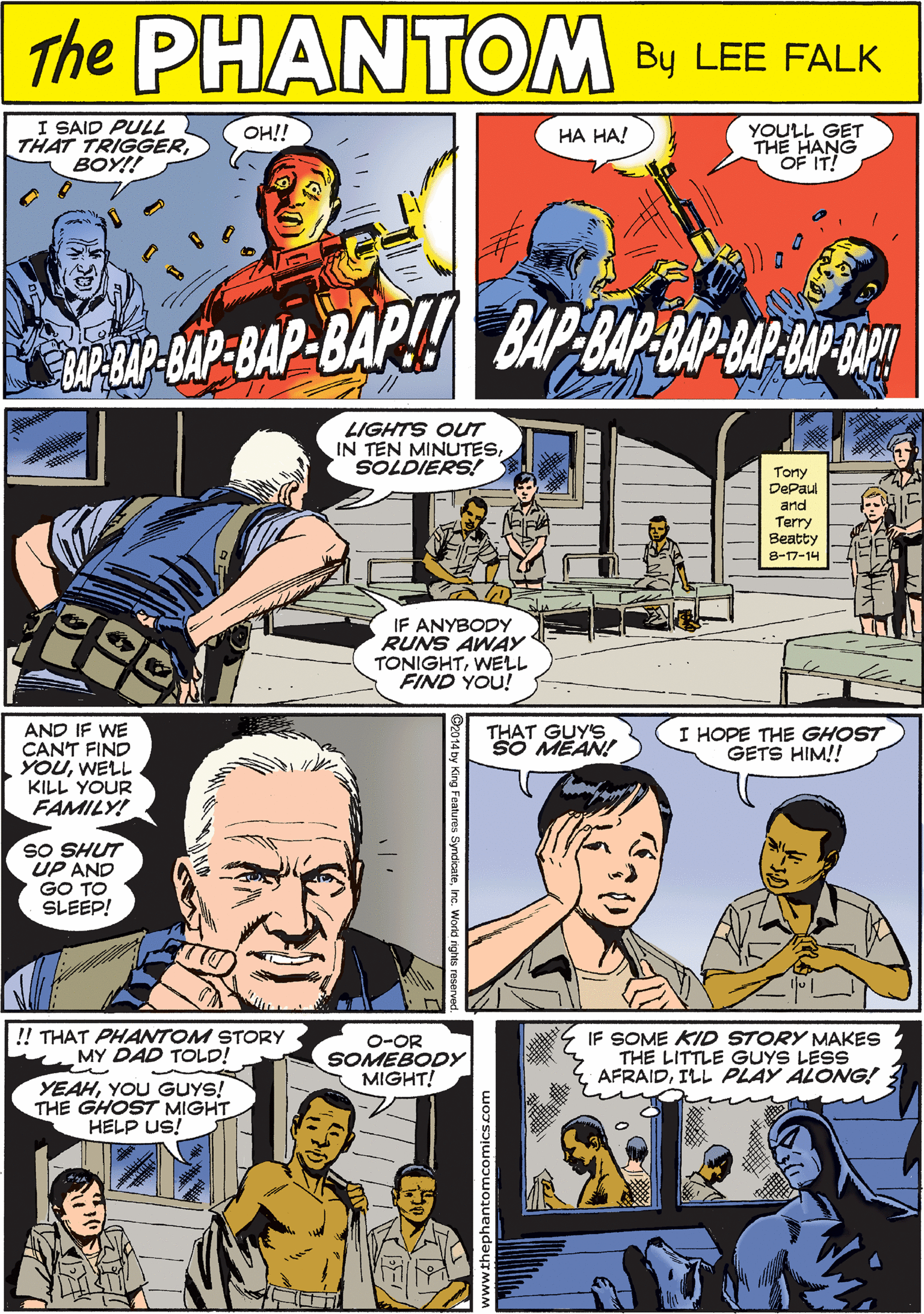 Art OCR: I SAID PULL THAT TRIGGERBOY!! YOULL GET THE HANG OF IT! THE OH!! PaANTOM HA HA! CREATED BY LEE FALK LIGHTS OUT IN TEN MINUTESSOLDIERS! AND IF WE CANT FIND YOUWELL KILL YOUR FAMILY! Tony DePau and Terry Beatty SO SHUT UP AND GO TO SLEEP! 8-17-14 IF ANYBODY RUNS AWAY TONIGHTWELL FIND YOU! THAT GUY'S SO MEAN! I HOPE THE GHOST GETS HIM!! !! THAT PHANTOM STORY MY DAD TOLD! O-OR SOMEBODY MIGHT! IF SOME KID STORY MAKES THE LITTLE GUYS LESS AFRAIDILL PLAY ALONG! YEAHYOU GUYS! THE GHOST MIGHT HELP US! I SAID PULL THAT TRIGGERBOY!! YOULL GET THE HANG OF IT! THE OH!! PaANTOM HA HA! CREATED BY LEE FALK LIGHTS OUT IN TEN MINUTESSOLDIERS! AND IF WE CANT FIND YOUWELL KILL YOUR FAMILY! Tony DePau and Terry Beatty SO SHUT UP AND GO TO SLEEP! 8-17-14 IF ANYBODY RUNS AWAY TONIGHTWELL FIND YOU! THAT GUY'S SO MEAN! I HOPE THE GHOST GETS HIM!! !! THAT PHANTOM STORY MY DAD TOLD! O-OR SOMEBODY MIGHT! IF SOME KID STORY MAKES THE LITTLE GUYS LESS AFRAIDILL PLAY ALONG! YEAHYOU GUYS! THE GHOST MIGHT HELP US!