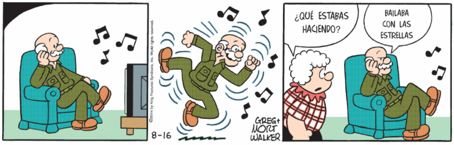 Illustration OCR: ¿QUÉ ESTABAS BAILABA CON LAS HACIENDO? ESTRELLAS GREGT MORT WALKER 8-16 ¿QUÉ ESTABAS BAILABA CON LAS HACIENDO? ESTRELLAS GREGT MORT WALKER 8-16