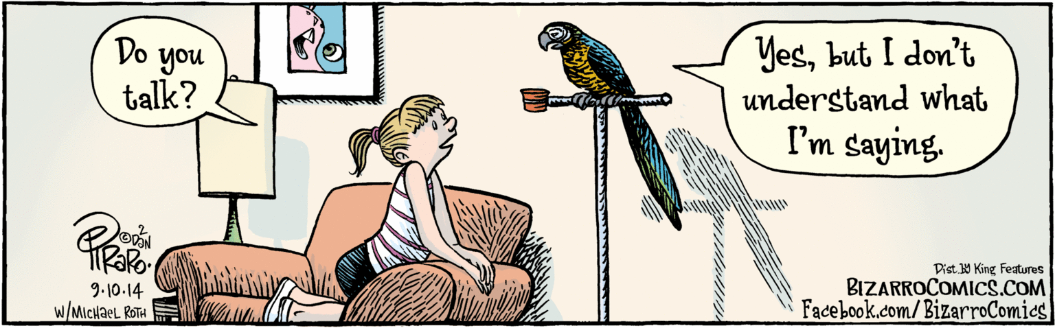 Illustration OCR: BIZARROCOMICS.COM Facebook.com/BizarroComies Dist Y King Features Yesbut I don't understand what I'm saying. Do you talk? OAN 9.10.14 W/MICHAEL ROTH BIZARROCOMICS.COM Facebook.com/BizarroComies Dist Y King Features Yesbut I don't understand what I'm saying. Do you talk? OAN 9.10.14 W/MICHAEL ROTH