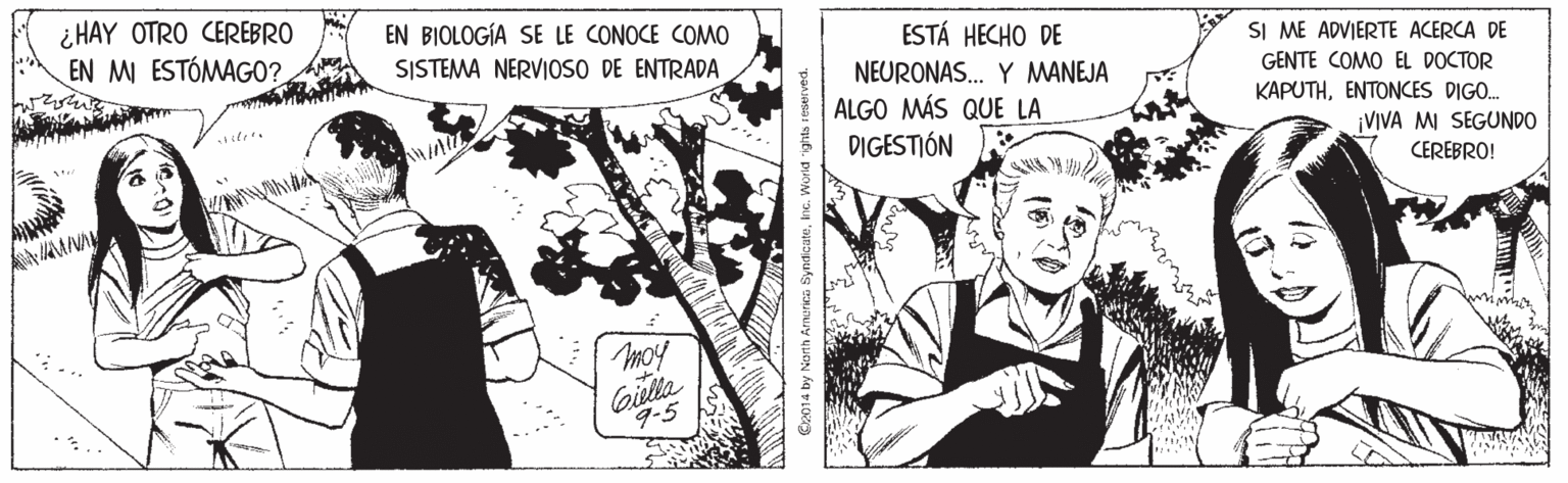 Comic book OCR: ¿ HAY OTRO CEREBRO EN MI ESTÓMAGO? EN BIOLOGÍA SE LE CONOCE COMO ESTÁ HECHO DE NEURONAS. Y MANEJA ALGO MÁS QUE LA DIGESTIÓN SISTEMA NERVIOSO DE ENTRADA SI ME ADVIERTE ACERCA DE GENTE COMO EL DOCTOR KAPUTHENTONCES DIGO. ¡VIVA MI SEGUNDO CEREBRO! moy Gilla 9-5 by North Amuries SyndicateInc. World ights :ese ¿ HAY OTRO CEREBRO EN MI ESTÓMAGO? EN BIOLOGÍA SE LE CONOCE COMO ESTÁ HECHO DE NEURONAS. Y MANEJA ALGO MÁS QUE LA DIGESTIÓN SISTEMA NERVIOSO DE ENTRADA SI ME ADVIERTE ACERCA DE GENTE COMO EL DOCTOR KAPUTHENTONCES DIGO. ¡VIVA MI SEGUNDO CEREBRO! moy Gilla 9-5 by North Amuries SyndicateInc. World ights :ese