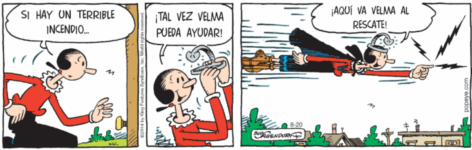Illustration OCR: SI HAY UN TERRIBLE ¡AQUÍ VA VELMA AL ¡TAL VEZ VELMA PUEDA AYUDAR! RESCATE! INCENDIO. O 8-20 SI HAY UN TERRIBLE ¡AQUÍ VA VELMA AL ¡TAL VEZ VELMA PUEDA AYUDAR! RESCATE! INCENDIO. O 8-20