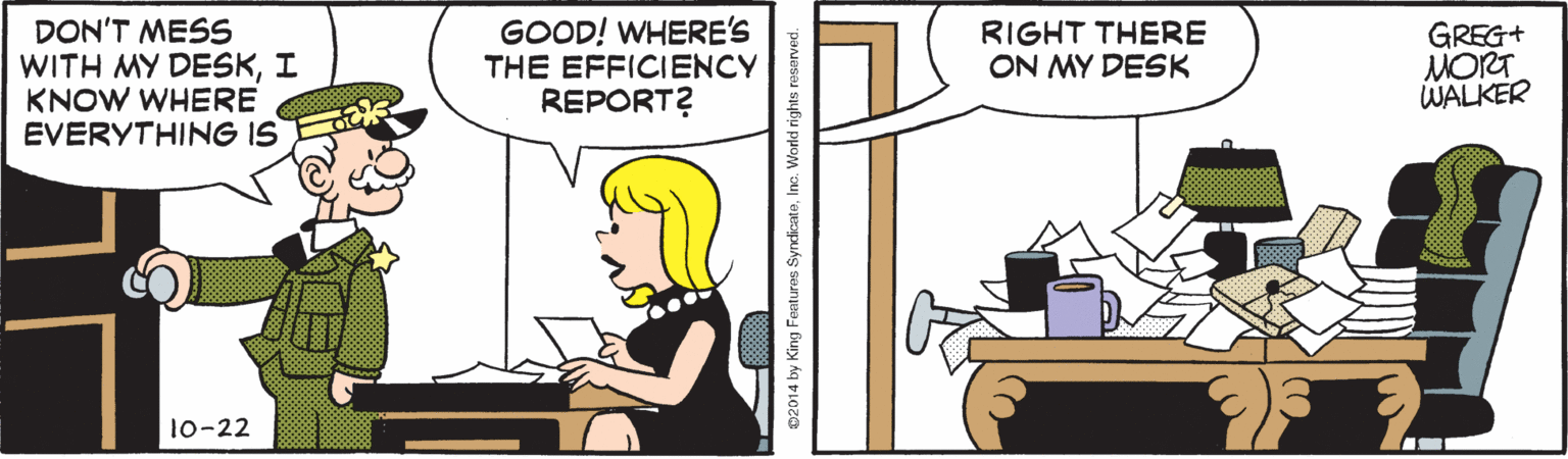 Fictional character OCR: DON'T MESS WITH MY DESKI KNOW WHERE EVERYTHING IS GOOD! WHERE'S THE EFFICIENCY REPORT? RIGHT THERE ON MY DESK GREG+ MORT WALKER lo-22 02014 by King Features SyndicateInc. World rights reserve DON'T MESS WITH MY DESKI KNOW WHERE EVERYTHING IS GOOD! WHERE'S THE EFFICIENCY REPORT? RIGHT THERE ON MY DESK GREG+ MORT WALKER lo-22 02014 by King Features SyndicateInc. World rights reserve