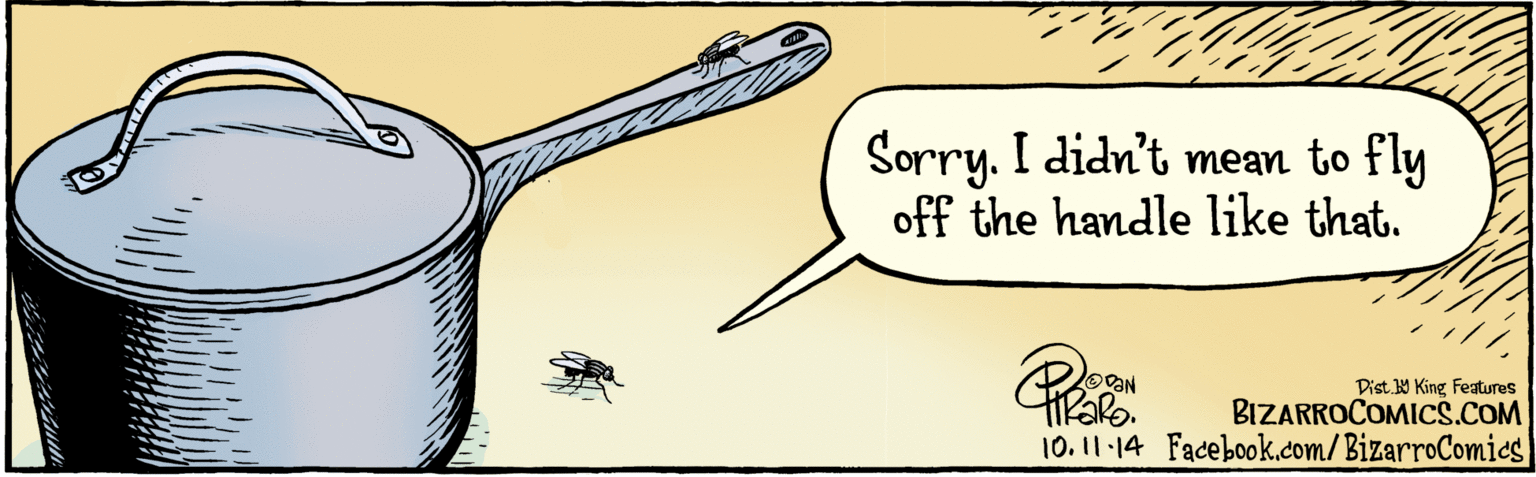 Illustration OCR: Sorry. I didn't mean to fly off the handle like that. OVON 10 11· 14 BIZARROCOMICS.COM Facebook.com/ BizarroComies Dist. Y King Features Sorry. I didn't mean to fly off the handle like that. OVON 10 11· 14 BIZARROCOMICS.COM Facebook.com/ BizarroComies Dist. Y King Features