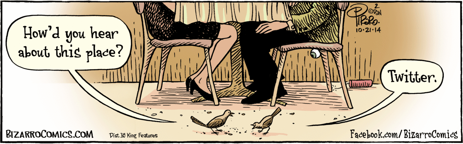 Sitting OCR: How'd you hear Twitter. about this place? HiRako. 10:21·14 BIZARROCOMICS.COM Facebook.com/BizarroComies Dist y King Feauras How'd you hear Twitter. about this place? HiRako. 10:21·14 BIZARROCOMICS.COM Facebook.com/BizarroComies Dist y King Feauras