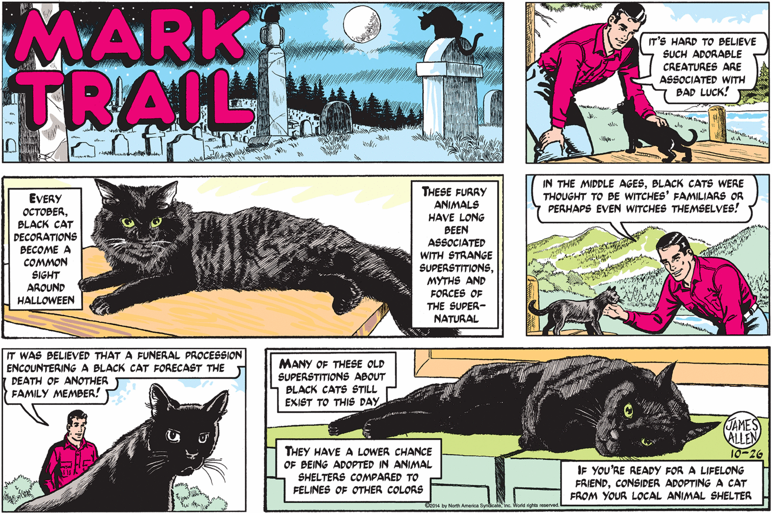 Font OCR: MARK TRAIL IT'S HARD TO BELIEVE SUCH ADORABLE CREATURES ARE ASSOCIATED WITH BAD LUCK! IN THE MIDDLE AGESBLACK CATS WERE THOUGHT TO BE WITCHES' FAMILIARS OR PERHAPS EVEN WITCHES THEMSELVES! EVERY OCTOBERBLACK CAT DECORATIONS BECOME A COMMON SIGHT AROUND HALLOWEEN THESE FURRY ANIMALS HAVE LONG BEEN ASSOCIATED WITH STRANGE SUPERSTITIONSMYTHS AND FORCES OF THE SUPER- NATURAL IT WAS BELIEVED THAT A FUNERAL PROCESSION ENCOUNTERING A BLACK CAT FORECAST THE | DEATH OF ANOTHER FAMILY MEMBER! MANY OF THESE OLD SUPERSTITIONS ABOUT BLACK CATS STILL EXIST TO THIS DAY JAMES ALLEN THEY HAVE A LOWER CHANCE OF BEING ADOPTED IN ANIMAL 10-26 IF YOU'RE READY FOR A LIFELONG FRIENDCONSIDER ADOPTING A CAT FROM YOUR LOCAL ANIMAL SHELTER SHELTERS COMPARED TO FELINES OF OTHER COLORS 2014 by North America SyndicaWorld rights reserved MARK TRAIL IT'S HARD TO BELIEVE SUCH ADORABLE CREATURES ARE ASSOCIATED WITH BAD LUCK! IN THE MIDDLE AGESBLACK CATS WERE THOUGHT TO BE WITCHES' FAMILIARS OR PERHAPS EVEN WITCHES THEMSELVES! EVERY OCTOBERBLACK CAT DECORATIONS BECOME A COMMON SIGHT AROUND HALLOWEEN THESE FURRY ANIMALS HAVE LONG BEEN ASSOCIATED WITH STRANGE SUPERSTITIONSMYTHS AND FORCES OF THE SUPER- NATURAL IT WAS BELIEVED THAT A FUNERAL PROCESSION ENCOUNTERING A BLACK CAT FORECAST THE | DEATH OF ANOTHER FAMILY MEMBER! MANY OF THESE OLD SUPERSTITIONS ABOUT BLACK CATS STILL EXIST TO THIS DAY JAMES ALLEN THEY HAVE A LOWER CHANCE OF BEING ADOPTED IN ANIMAL 10-26 IF YOU'RE READY FOR A LIFELONG FRIENDCONSIDER ADOPTING A CAT FROM YOUR LOCAL ANIMAL SHELTER SHELTERS COMPARED TO FELINES OF OTHER COLORS 2014 by North America SyndicaWorld rights reserved