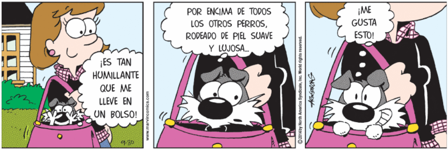 Fiction OCR: POR ENCIMA DE TODOS ¡ME LOS OTROS PERROSRODEADO DE PIEL SUAVE Y LUJOSA. GUSTA ESTO! ¡ES TAN HUMILLANTE QUE ME LLEVE EN UN BOLSO! @2014by North America SyndioateInc. Werld rights resarved. POR ENCIMA DE TODOS ¡ME LOS OTROS PERROSRODEADO DE PIEL SUAVE Y LUJOSA. GUSTA ESTO! ¡ES TAN HUMILLANTE QUE ME LLEVE EN UN BOLSO! @2014by North America SyndioateInc. Werld rights resarved.