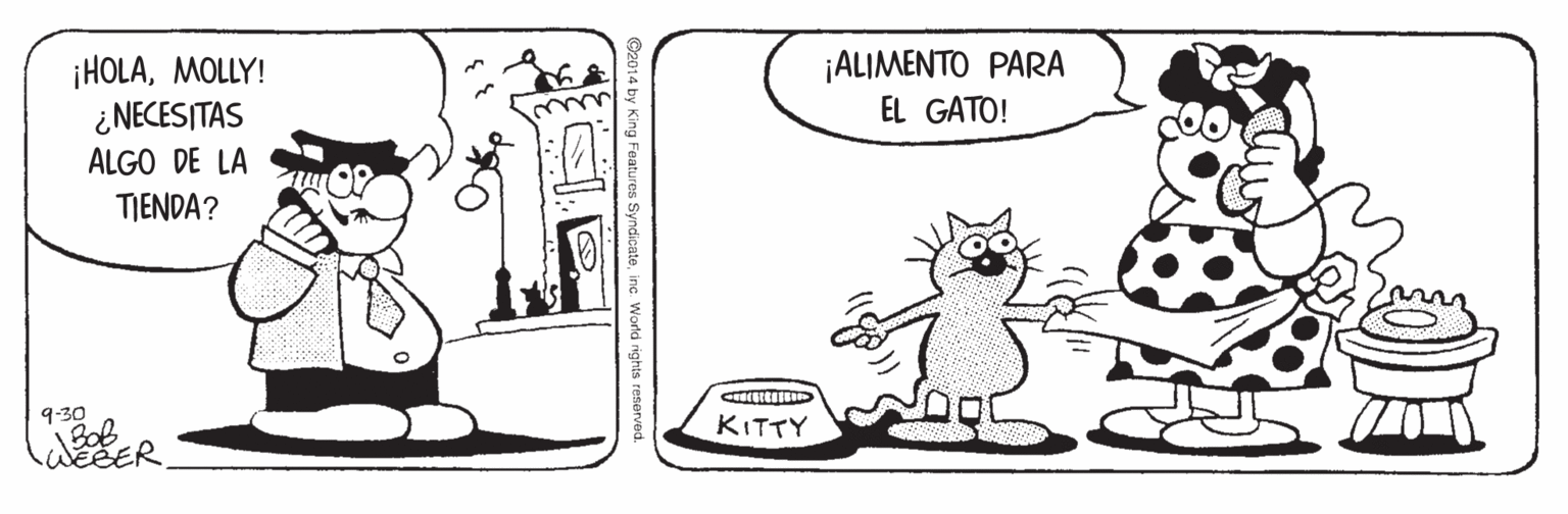 Illustration OCR: ¡ALIMENTO PARA ¡HOLAMOLLY! ¿NECESITAS ALGO DE LA EL GATO! TIENDA? 9-30 Bob KITTY ©2014 by King Features ¡ALIMENTO PARA ¡HOLAMOLLY! ¿NECESITAS ALGO DE LA EL GATO! TIENDA? 9-30 Bob KITTY ©2014 by King Features