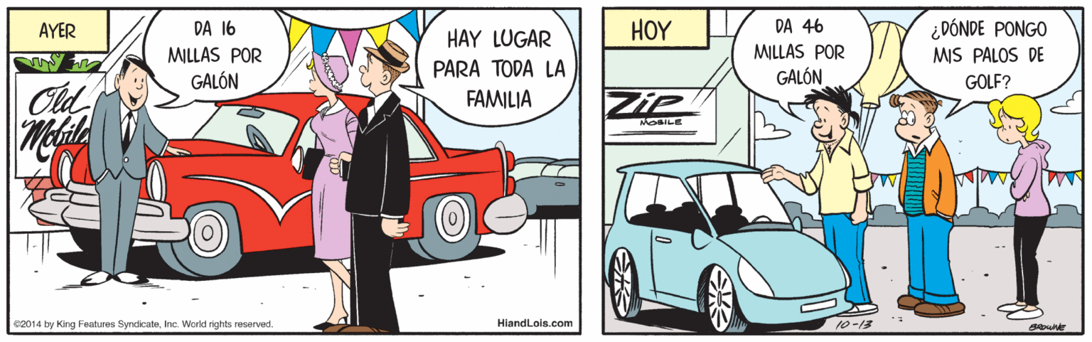 Cartoon OCR: AYER DA 16 HOY DA 46 ¿ DÓNDE PONGO HAY LUGAR MILLAS POR MILLAS POR GALÓN PARA TODA LA FAMILIA MIS PALOS DE GOLF? GALÓN Old Zie e2014 by King Features SyndicateInc. World rights reserved. HiandLois.com 10-13 AYER DA 16 HOY DA 46 ¿ DÓNDE PONGO HAY LUGAR MILLAS POR MILLAS POR GALÓN PARA TODA LA FAMILIA MIS PALOS DE GOLF? GALÓN Old Zie e2014 by King Features SyndicateInc. World rights reserved. HiandLois.com 10-13