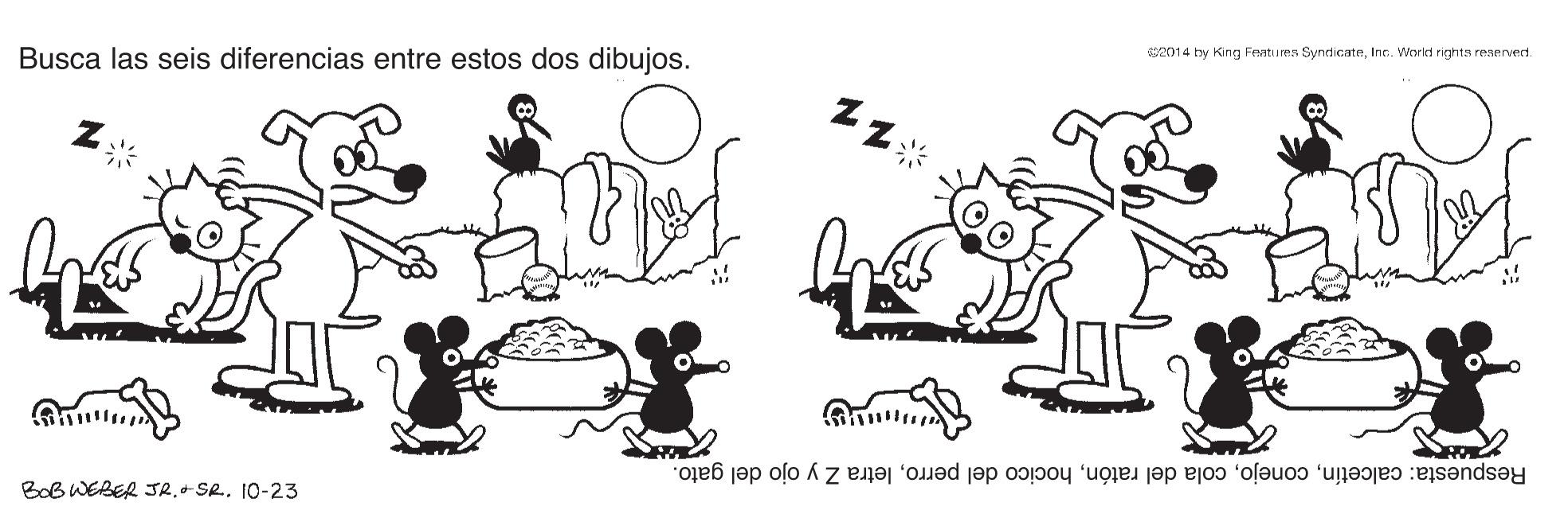 Organism OCR: Busca las seis diferencias entre estos dos dibujos. g2014 bry King Features SyndicateInc. World rights reservect. Respuesta: calcetínletra Z y ojo del gato. BoB WEBER JR.+ SR. 10-23 Busca las seis diferencias entre estos dos dibujos. g2014 bry King Features SyndicateInc. World rights reservect. Respuesta: calcetíncola del ratónhocico del perroletra Z y ojo del gato. BoB WEBER JR.+ SR. 10-23