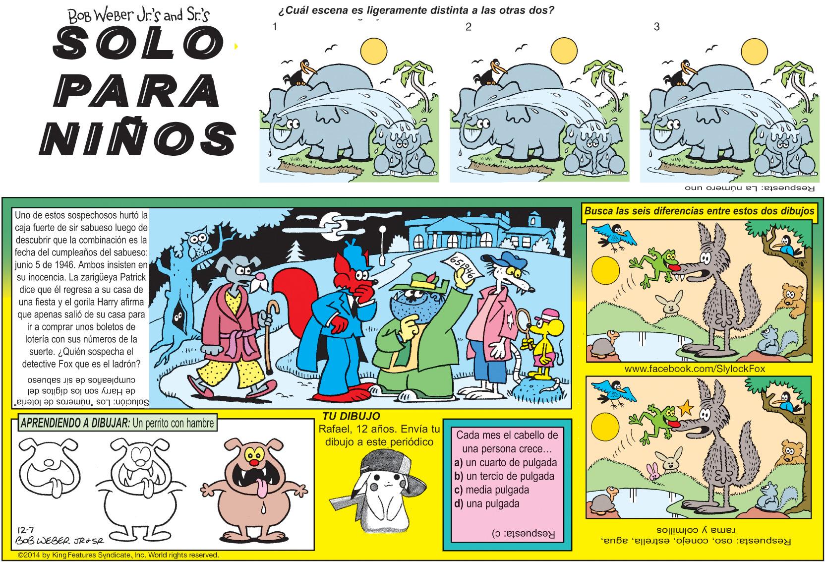 Line art OCR: BOB WEBer Jr's and Sr.'s SOLO PARA ¿Cuál escena es ligeramente distinta a las otras dos? NIÑOS Respuesta: La número uno Busca las seis diferencias entre estos dos dibujos Uno de estos sospechosos hurtó la caja fuerte de sir sabueso luego de descubrir que la combinación es la fecha del cumpleaños del sabueso: junio 5 de 1946. Ambos insisten en su inocencia. La zarigüeya Patrick dice que él regresa a su casa de una fiesta y el gorila Harry afirma que apenas salió de su casa para ir a comprar unos boletos de lotería con sus números de la suerte. ¿Quién sospecha el detective Fox que es el ladrón? www.facebook.com/SlylockFox de Harry son los digitos del cumpleaños de sir sabueso Solución: Los "números de lotería" TU DIBUJO APRENDIENDO A DIBUJAR: Un perrito con hambre Rafael12 años. Envía tu Cada mes el cabello de dibujo a este periódico una persona crece... a) un cuarto de pulgada b) un tercio de pulgada c) media pulgada d) una pulgada 12-7 BaBWEGER JRASR rama y colmillos Respuesta: c) Respuesta: osoInc. World rights reserved BOB WEBer Jr's and Sr.'s SOLO PARA ¿Cuál escena es ligeramente distinta a las otras dos? NIÑOS Respuesta: La número uno Busca las seis diferencias entre estos dos dibujos Uno de estos sospechosos hurtó la caja fuerte de sir sabueso luego de descubrir que la combinación es la fecha del cumpleaños del sabueso: junio 5 de 1946. Ambos insisten en su inocencia. La zarigüeya Patrick dice que él regresa a su casa de una fiesta y el gorila Harry afirma que apenas salió de su casa para ir a comprar unos boletos de lotería con sus números de la suerte. ¿Quién sospecha el detective Fox que es el ladrón? www.facebook.com/SlylockFox de Harry son los digitos del cumpleaños de sir sabueso Solución: Los "números de lotería" TU DIBUJO APRENDIENDO A DIBUJAR: Un perrito con hambre Rafael12 años. Envía tu Cada mes el cabello de dibujo a este periódico una persona crece... a) un cuarto de pulgada b) un tercio de pulgada c) media pulgada d) una pulgada 12-7 BaBWEGER JRASR rama y colmillos Respuesta: c) Respuesta: oso02014 by King Features SyndicateInc. World rights reserved