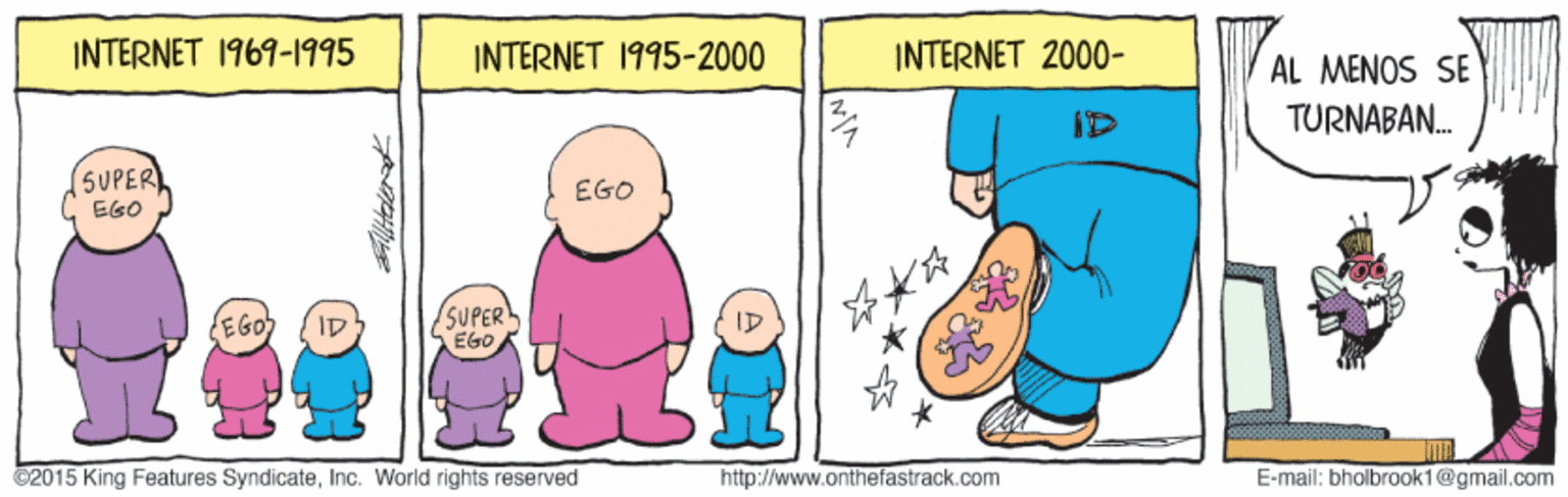 Rectangle OCR: INTERNET 1969-1995 INTERNET 1995-2000 INTERNET 2000- AL MENOS SE TURNABAN. (5UPER EGO EGO EGO SUPERL EGO ID ©2015 King Features SyndicateInc. World rights reserved http://www.onthefastrack.com E-mail: bholbrook1@gmail.com INTERNET 1969-1995 INTERNET 1995-2000 INTERNET 2000- AL MENOS SE TURNABAN. (5UPER EGO EGO EGO SUPERL EGO ID ©2015 King Features SyndicateInc. World rights reserved http://www.onthefastrack.com E-mail: bholbrook1@gmail.com