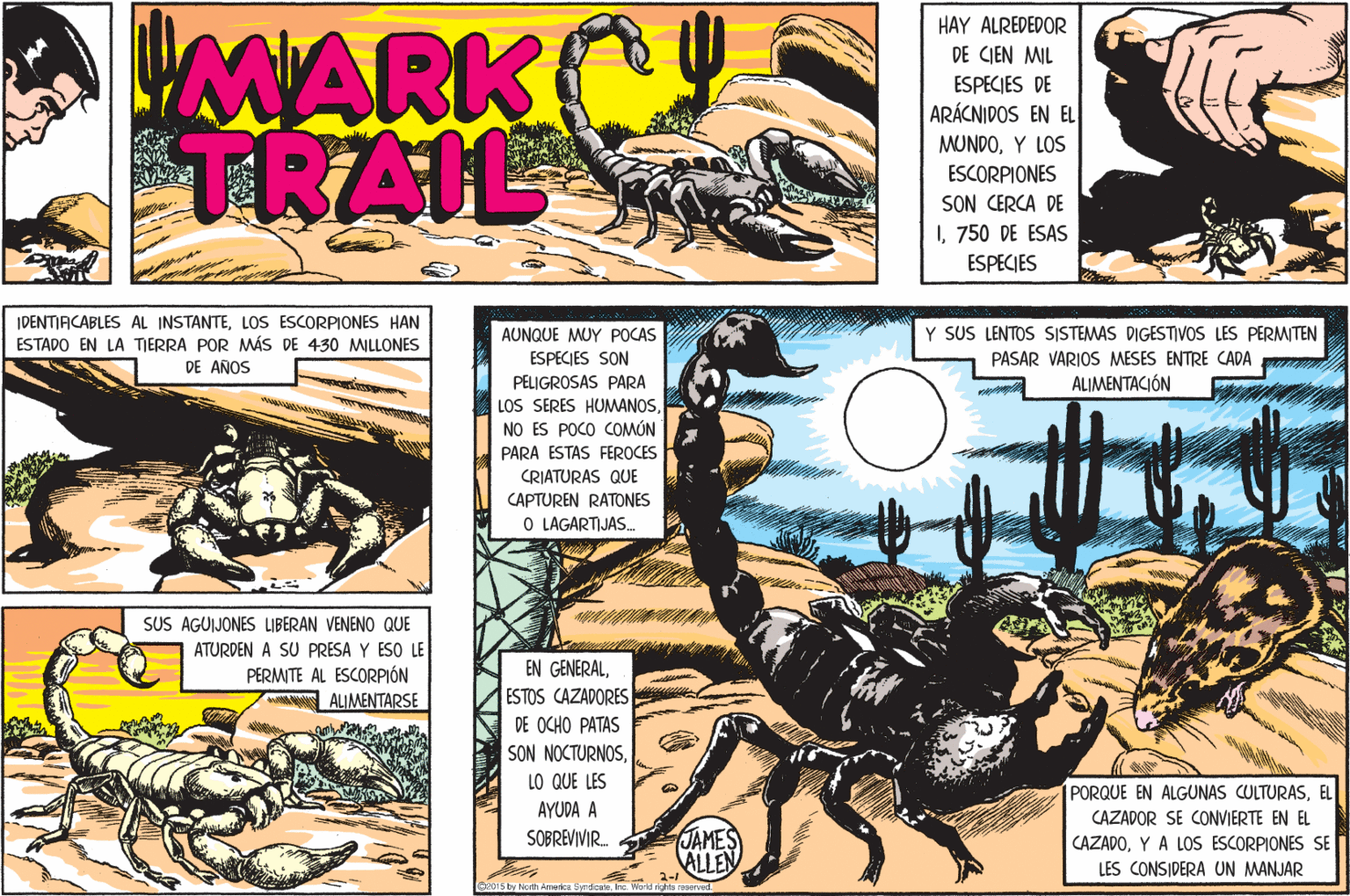 Font OCR: MARK TRAIL HAY ALREDEDOR DE CIEN MIL ESPECIES DE ARÁCNIDOS EN EL MUNDOY LOS ESCORPIONES SON CERCA DE I750 DE ESAS ESPECIES IDENTIACABLES AL INSTANTELOS ESCORPIONES HAN ESTADO EN LA TIERRA POR MÁS DE 430 MILLONES DE AÑOS AUNQUE MUY POCAS ESPECJES SON PELIGROSAS PARA LOS SERES HUMANOSNO ES POCO COMÚN Y SUS LENTOS SISTEMAS DIGESTIVOS LES PERMITEN PASAR VARIOS MESES ENTRE CADA ALIMENTACIÓN PARA ESTAS FEROCES CRIATURAS QUE CAPTUREN RATONES O LAGARTIJAS. SUS AGUJONES LIBERAN VENENO QUE ATURDEN A SU PRESA Y ESO LE PERMITE AL ESCORPIÓN wAN ALIMENTARSE EN GENERALESTOS CAZADORES DE OCHO PATAS SON NOCTURNOSLO QUE LES PORQUE EN ALGUNAS CULTURASEL AYUDA A SOBREVIVIR. CAZADOR SE CONVIERTE EN EL JAMES ALLEN CAZADOY A LOS ESCORPIONES SE LES CONSIDERA UN MANJAR MARK TRAIL HAY ALREDEDOR DE CIEN MIL ESPECIES DE ARÁCNIDOS EN EL MUNDOY LOS ESCORPIONES SON CERCA DE I750 DE ESAS ESPECIES IDENTIACABLES AL INSTANTELOS ESCORPIONES HAN ESTADO EN LA TIERRA POR MÁS DE 430 MILLONES DE AÑOS AUNQUE MUY POCAS ESPECJES SON PELIGROSAS PARA LOS SERES HUMANOSNO ES POCO COMÚN Y SUS LENTOS SISTEMAS DIGESTIVOS LES PERMITEN PASAR VARIOS MESES ENTRE CADA ALIMENTACIÓN PARA ESTAS FEROCES CRIATURAS QUE CAPTUREN RATONES O LAGARTIJAS. SUS AGUJONES LIBERAN VENENO QUE ATURDEN A SU PRESA Y ESO LE PERMITE AL ESCORPIÓN wAN ALIMENTARSE EN GENERALESTOS CAZADORES DE OCHO PATAS SON NOCTURNOSLO QUE LES PORQUE EN ALGUNAS CULTURASEL AYUDA A SOBREVIVIR. CAZADOR SE CONVIERTE EN EL JAMES ALLEN CAZADOY A LOS ESCORPIONES SE LES CONSIDERA UN MANJAR