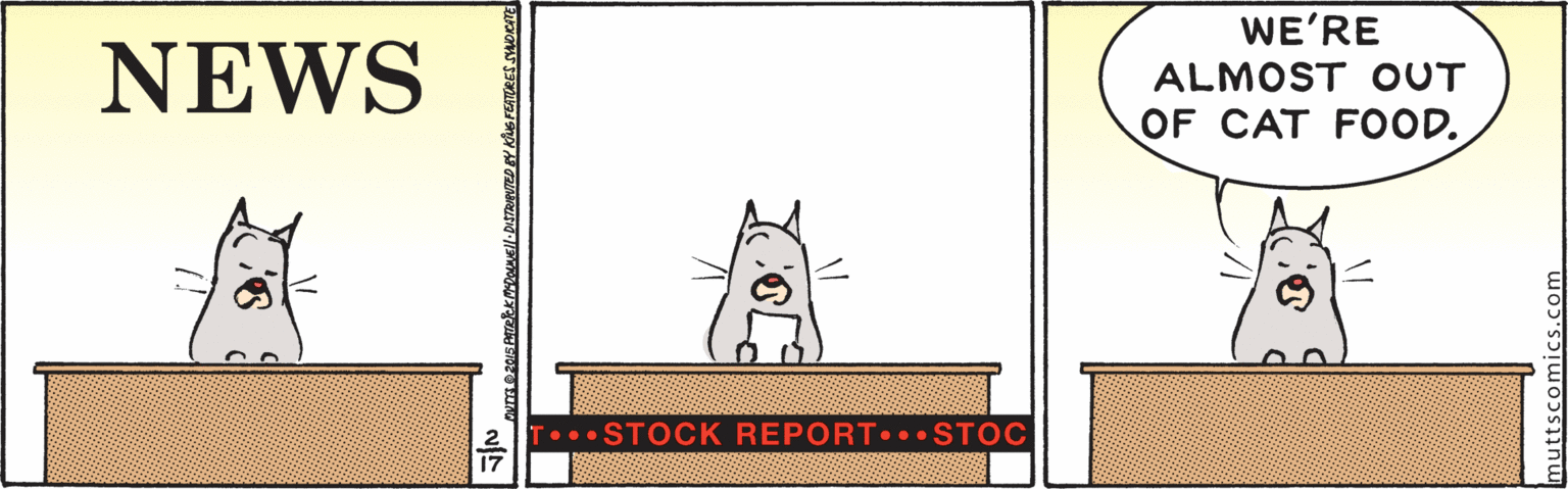 Illustration OCR: WE'RE NEWS ALMOST OUT OF CAT FOOD. T... STOCK REPORT... STOC WE'RE NEWS ALMOST OUT OF CAT FOOD. T... STOCK REPORT... STOC