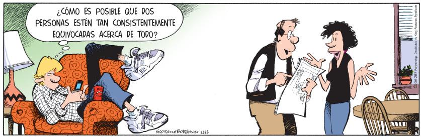 Fictional character OCR: ¿CÓMO ES POSIBLE QUE DOS PERSONAS ESTÉN TAN CONSISTENTEMENTE EQUIVOCADAS ACERCA DE TODO? ¿CÓMO ES POSIBLE QUE DOS PERSONAS ESTÉN TAN CONSISTENTEMENTE EQUIVOCADAS ACERCA DE TODO?