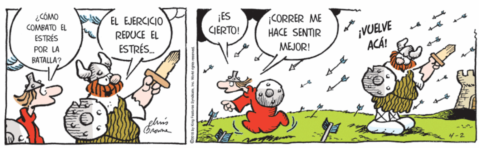 Line OCR: ¿CÓMO COMBATO EL ¡ES GIERTO! EL EJERCICIO REDUCE EL ESTRÉS. CORRER ME HACE SENTIR MEJOR! ¡VOELVE ACÁ! ESTRÉS POR LA BATALLA? elm's 4- 2 ¿CÓMO COMBATO EL ¡ES GIERTO! EL EJERCICIO REDUCE EL ESTRÉS. CORRER ME HACE SENTIR MEJOR! ¡VOELVE ACÁ! ESTRÉS POR LA BATALLA? elm's 4- 2