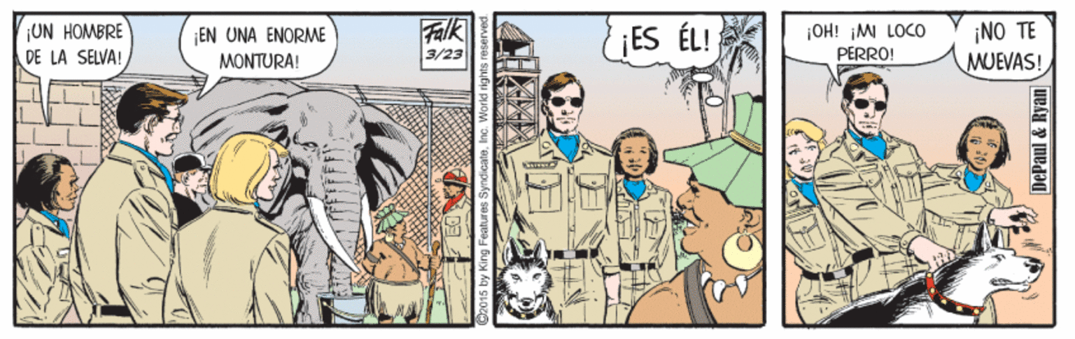 Illustration OCR: UN HOMBRE DE LA SELVA! Falk ES ÉL! |OH! MI LOCO PERRO! ¡NO TE MUEVAS! EN UNA ENORME 3/23 MONTURA! DePaul & Ryan UN HOMBRE DE LA SELVA! Falk ES ÉL! |OH! MI LOCO PERRO! ¡NO TE MUEVAS! EN UNA ENORME 3/23 MONTURA! DePaul & Ryan