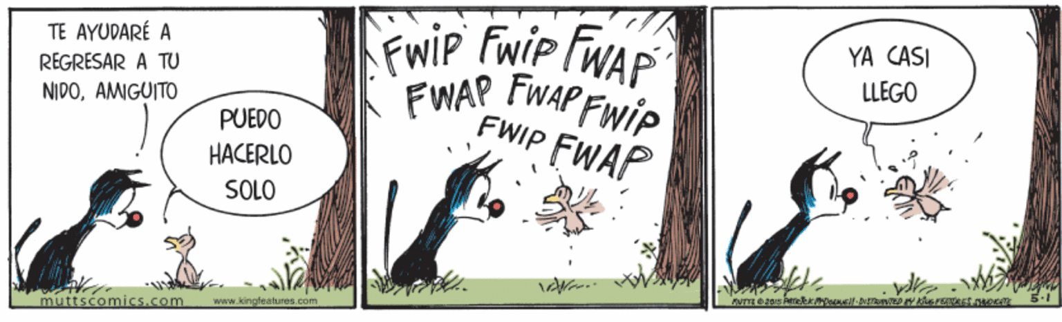 Fictional character OCR: FwiP fwip FWAP TE AYUDARÉ A YA CASI REGRESAR A TU NIDOAMIGUITO FWAP FWAP FWip FWIP FWAP LLEGO PUEDO HACERLO SOLO www.kingfeatures.comm muttscomics.com FwiP fwip FWAP TE AYUDARÉ A YA CASI REGRESAR A TU NIDOAMIGUITO FWAP FWAP FWip FWIP FWAP LLEGO PUEDO HACERLO SOLO www.kingfeatures.comm muttscomics.com