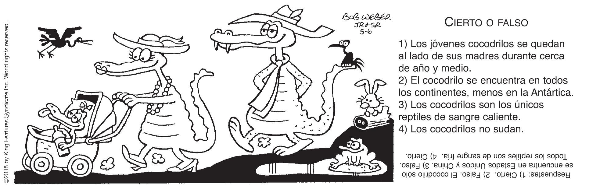 Font OCR: BaB WEBER. JR+SR 5-6 CIERTO O FALSO 1) Los jóvenes cocodrilos se quedan al lado de sus madres durante cerca de año y medio. 2) El cocodrilo se encuentra en todos los continentesmenos en la Antártica. 3) Los cocodrilos son los únicos reptiles de sangre caliente. 4) Los cocodrilos no sudan. Todos los reptiles son de sangre fría. 4) Cierto. se encuentra en Estados Unidos y China. 3) Falso. Respuestas: 1) Cierto. 2) Falso. El cocodrilo sólo 2015 by King Features Syndicate Inc. World rights reserved. BaB WEBER. JR+SR 5-6 CIERTO O FALSO 1) Los jóvenes cocodrilos se quedan al lado de sus madres durante cerca de año y medio. 2) El cocodrilo se encuentra en todos los continentesmenos en la Antártica. 3) Los cocodrilos son los únicos reptiles de sangre caliente. 4) Los cocodrilos no sudan. Todos los reptiles son de sangre fría. 4) Cierto. se encuentra en Estados Unidos y China. 3) Falso. Respuestas: 1) Cierto. 2) Falso. El cocodrilo sólo 2015 by King Features Syndicate Inc. World rights reserved.