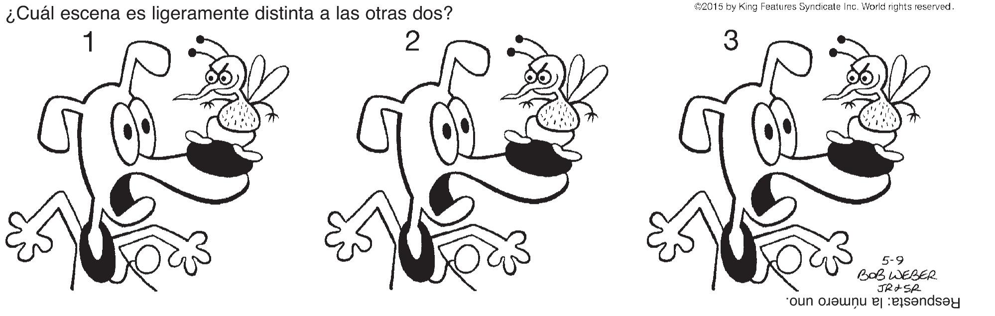 Art OCR: 2015 by King Features Syndicate Inc. World rights reserved. ¿Cuál escena es ligeramente distinta a las otras dos? 3 5-9 BOB WEBER JRASR Respuesta: la número uno. 2015 by King Features Syndicate Inc. World rights reserved. ¿Cuál escena es ligeramente distinta a las otras dos? 3 5-9 BOB WEBER JRASR Respuesta: la número uno.