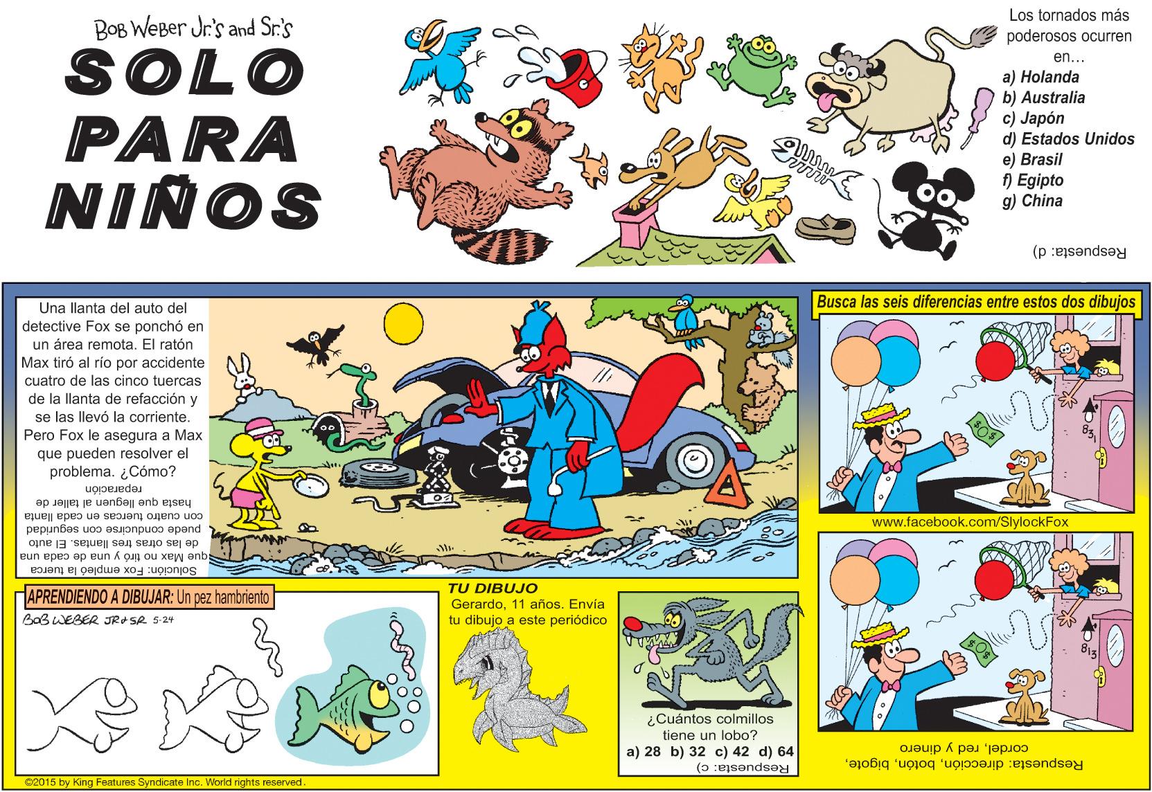 Line OCR: BOB WEBer Jr's and Sr.'s Los tornados más poderosos ocurren SOLO PARA NINOS en... a) Holanda b) Australia c) Japón d) Estados Unidos e) Brasil f) Egipto g) China Respuesta: d) Busca las seis diferencias entre estos dos dibujos Una llanta del auto del detective Fox se ponchó en un área remota. El ratón Max tiró al río por accidente cuatro de de la llanta de refacción y las cino cinco tuercas se las llevó la corriente. Pero Fox le asegura a Max que pueden resolver el problema. ¿Cómo? reparación hasta que lleguen al taller de con cuatro tuercas en cada llanta puede conducirse con seguridad www.facebook.com/SlylockFox de las otras tres llantas. El auto que Max no tiró y una de cada una Solución: Fox empleó la tuerca TU DIBUJO HAPRENDIENDO A DIBUJAR: Un pez hambriento Gerardo11 años. Envía tu dibujo a este periódico BaBWEBER JR SR 5-24 ¿Cuántos colmillos tiene un lobo? a) 28 b) 32 c) 42 d) 64 cordelred y dinero Respuesta: c) Respuesta: dirección2015 by King Features Syndicate Inc. World rights reserved BOB WEBer Jr's and Sr.'s Los tornados más poderosos ocurren SOLO PARA NINOS en... a) Holanda b) Australia c) Japón d) Estados Unidos e) Brasil f) Egipto g) China Respuesta: d) Busca las seis diferencias entre estos dos dibujos Una llanta del auto del detective Fox se ponchó en un área remota. El ratón Max tiró al río por accidente cuatro de de la llanta de refacción y las cino cinco tuercas se las llevó la corriente. Pero Fox le asegura a Max que pueden resolver el problema. ¿Cómo? reparación hasta que lleguen al taller de con cuatro tuercas en cada llanta puede conducirse con seguridad www.facebook.com/SlylockFox de las otras tres llantas. El auto que Max no tiró y una de cada una Solución: Fox empleó la tuerca TU DIBUJO HAPRENDIENDO A DIBUJAR: Un pez hambriento Gerardo11 años. Envía tu dibujo a este periódico BaBWEBER JR SR 5-24 ¿Cuántos colmillos tiene un lobo? a) 28 b) 32 c) 42 d) 64 cordelred y dinero Respuesta: c) Respuesta: dirección2015 by King Features Syndicate Inc. World rights reserved