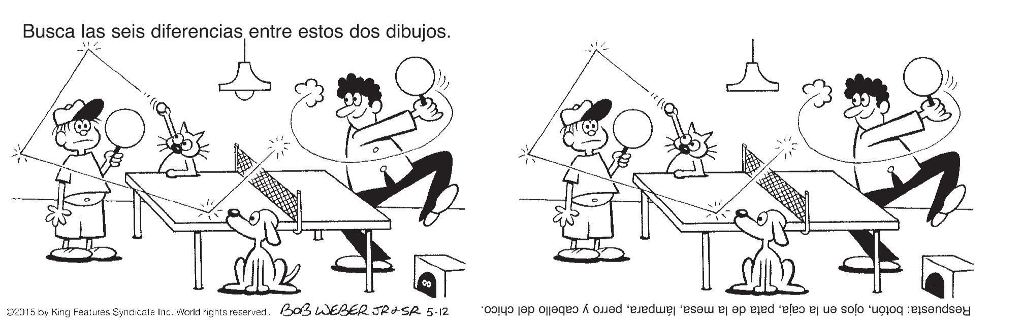 Line OCR: Busca las seis diferencias entre estos dos dibujos. 22015 by King Features Syndicate Inc. World rights reserved. BaB WEBER JRI SR 5-12 Respuesta: botónperro y cabello del chico. Busca las seis diferencias entre estos dos dibujos. 22015 by King Features Syndicate Inc. World rights reserved. BaB WEBER JRI SR 5-12 Respuesta: botónojos en la cajapata de la mesaperro y cabello del chico.