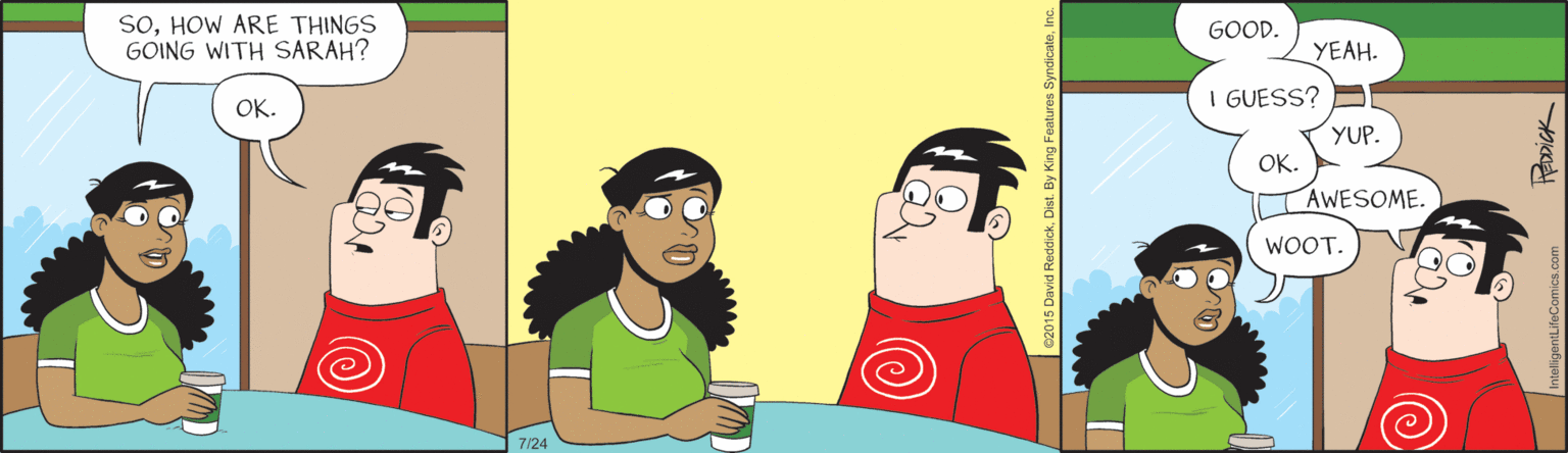 Fiction OCR: sOHOW ARE THINGS GOING WITH SARAH? GOOD. YEAH. I GUESS? OK. YUP. OK. AWESOME. WOOT. 7/24 sOHOW ARE THINGS GOING WITH SARAH? GOOD. YEAH. I GUESS? OK. YUP. OK. AWESOME. WOOT. 7/24