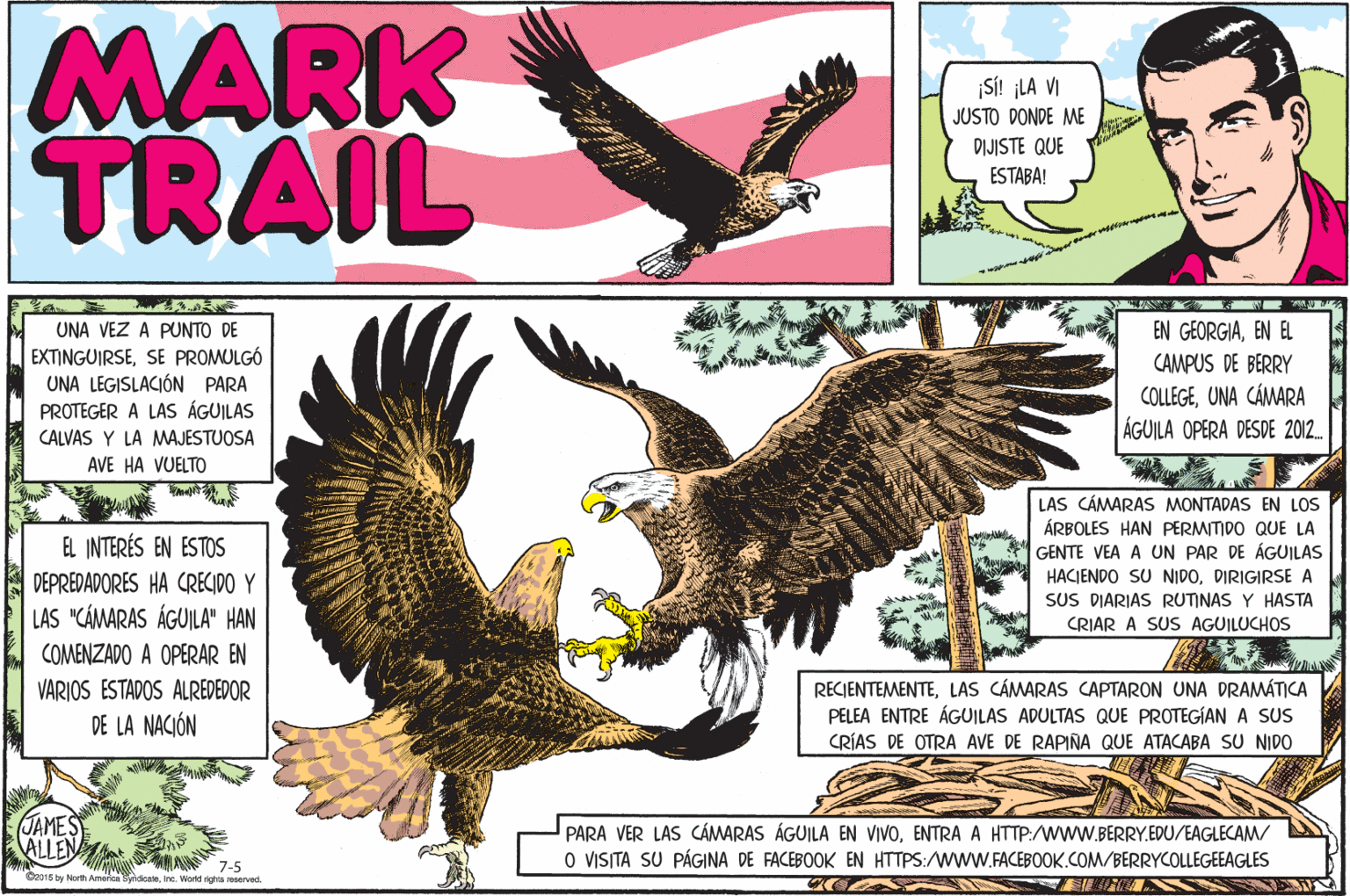 Wing OCR: MARK TRAIL ¡SÍ! ¡LA VI JUSTO DONDE ME DIJISTE QUE ESTABA! UNA VEZ A PUNTO DE EXTINGUIRSESE PROMULGÓ UNA LEGISLACIÓN PARA PROTEGER A LAS ÁGUILAS CALVAS Y LA MAJESTUOSA EN GEORGIAEN EL CAMPUS DE BERRY COLLEGEUNA CÁMARA ÁGUILA OPERA DESDE 2012. AVE HA VUELTO LAS CÁMARAS MONTADAS EN LOS ÁRBOLES HAN PERMITIDO QUE LA GENTE VEA A UN PAR DE ÁGUILAS HACJENDO SU NIDODIRIGIRSE A SUS DIARIAS RUTINAS Y HASTA EL INTERÉS EN ESTOS DEPREDADORES HA CRECIDO Y LAS "CÁMARAS ÁGUILA" HAN COMENZADO A OPERAR EN CRIAR A SUS AGUILUCHOS VARIOS ESTADOS ALREDEDOR DE LA NACIÓN RECJENTEMENTELAS CÁMARAS CAPTARON UNA DRAMÁTICA PELEA ENTRE ÁGUILAS ADULTAS QUE PROTEGÍAN A SUS CRÍAS DE OTRA AVE DE RAPIÑA QUE ATACABA SU NIDO JAMES ALLEN AIN 7-5 PARA VER LAS CÁMARAS ÁGUILA EN VIVOENTRA A HTTP:/WwW.BERRY.EDU/EAGLECAM/ O VISITA SU PÁGINA DE FACEBOOK EN HTTPS:/WwW.FACEBOOK.COM/BERRYCOLLEGEEAGLES O2015 by North Ameica SdcateIne. World righa reserved. MARK TRAIL ¡SÍ! ¡LA VI JUSTO DONDE ME DIJISTE QUE ESTABA! UNA VEZ A PUNTO DE EXTINGUIRSESE PROMULGÓ UNA LEGISLACIÓN PARA PROTEGER A LAS ÁGUILAS CALVAS Y LA MAJESTUOSA EN GEORGIAEN EL CAMPUS DE BERRY COLLEGEUNA CÁMARA ÁGUILA OPERA DESDE 2012. AVE HA VUELTO LAS CÁMARAS MONTADAS EN LOS ÁRBOLES HAN PERMITIDO QUE LA GENTE VEA A UN PAR DE ÁGUILAS HACJENDO SU NIDODIRIGIRSE A SUS DIARIAS RUTINAS Y HASTA EL INTERÉS EN ESTOS DEPREDADORES HA CRECIDO Y LAS "CÁMARAS ÁGUILA" HAN COMENZADO A OPERAR EN CRIAR A SUS AGUILUCHOS VARIOS ESTADOS ALREDEDOR DE LA NACIÓN RECJENTEMENTELAS CÁMARAS CAPTARON UNA DRAMÁTICA PELEA ENTRE ÁGUILAS ADULTAS QUE PROTEGÍAN A SUS CRÍAS DE OTRA AVE DE RAPIÑA QUE ATACABA SU NIDO JAMES ALLEN AIN 7-5 PARA VER LAS CÁMARAS ÁGUILA EN VIVOENTRA A HTTP:/WwW.BERRY.EDU/EAGLECAM/ O VISITA SU PÁGINA DE FACEBOOK EN HTTPS:/WwW.FACEBOOK.COM/BERRYCOLLEGEEAGLES O2015 by North Ameica SdcateIne. World righa reserved.