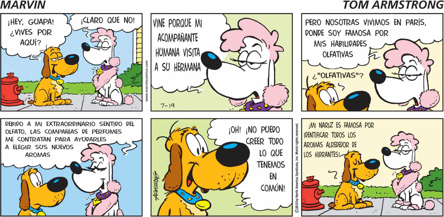 Organism OCR: MARYIN Tom Armstrong VINE PORQUE MI ¡HEYGUAPA! ¿VIVES POR AQUÍ? CLARO QUE NO! PERO NOSOTRAS VIVIMOS EN PARÍSDONDE SOY FAMOSA POR MIS HABILIDADES ACOMPAÑANTE HUMANA VISITAA SU HERMANA OLFATIVAS ¿"OLFATIVAS"? ??19 DEBIDO A MI EXTRAORDINARJO SENTIDO DEL OLFATOLAS COMPAÑÍAS DE PERFUMES ¡OH! ¡NO PUEDO CREER TODO I M NARIZ ES FAMOSA POR IDENTIACAR TODOS LOS AROMAS ALREDEDOR DE LOS HIDRANTES ME CONTRATAN PARA AYUDARLES A ELEGIR SUS NUEVOS LO QUE AROMAS ???MOS EN COMÓN! MARYIN Tom Armstrong VINE PORQUE MI ¡HEYGUAPA! ¿VIVES POR AQUÍ? CLARO QUE NO! PERO NOSOTRAS VIVIMOS EN PARÍSDONDE SOY FAMOSA POR MIS HABILIDADES ACOMPAÑANTE HUMANA VISITAA SU HERMANA OLFATIVAS ¿"OLFATIVAS"? ?? 19 DEBIDO A MI EXTRAORDINARJO SENTIDO DEL OLFATOLAS COMPAÑÍAS DE PERFUMES ¡OH! ¡NO PUEDO CREER TODO I M NARIZ ES FAMOSA POR IDENTIACAR TODOS LOS AROMAS ALREDEDOR DE LOS HIDRANTES ME CONTRATAN PARA AYUDARLES A ELEGIR SUS NUEVOS LO QUE AROMAS ???MOS EN COMÓN!