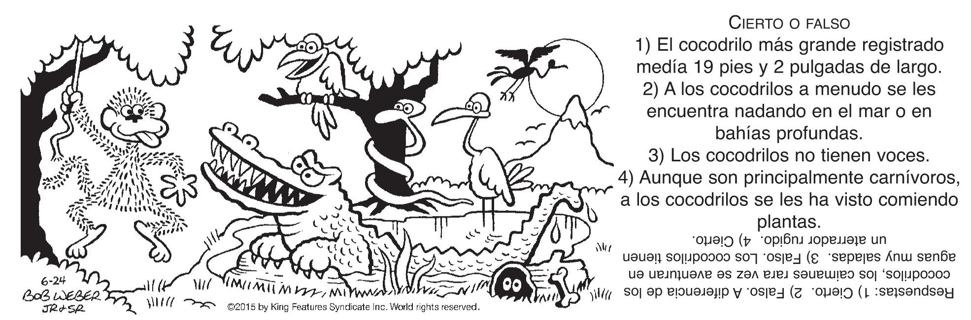 Tree OCR: CIERTO O FALSO 1) El cocodrilo más grande registrado medía 19 pies y 2 pulgadas de largo. 2) A los cocodrilos a menudo se les encuentra nadando en el mar o en bahías profundas. 3) Los cocodrilos no tienen voces. 4) Aunque son principalmente carnívorosa los cocodrilos se les ha visto comiendo plantas. un aterrador rugido. 4) Cierto. aguas muy saladas. 3) Falso. Los cocodrilos tienen cocodriloslos caimanes rara vez se aventuran en Respuestas: 1) Cierto. 2) Falso. A diferencia de los BOBWEBER 6-24 w IMIMIIMmMIm c2015 by King Features Syndicate Inc. Workd rights reserved. CIERTO O FALSO 1) El cocodrilo más grande registrado medía 19 pies y 2 pulgadas de largo. 2) A los cocodrilos a menudo se les encuentra nadando en el mar o en bahías profundas. 3) Los cocodrilos no tienen voces. 4) Aunque son principalmente carnívorosa los cocodrilos se les ha visto comiendo plantas. un aterrador rugido. 4) Cierto. aguas muy saladas. 3) Falso. Los cocodrilos tienen cocodriloslos caimanes rara vez se aventuran en Respuestas: 1) Cierto. 2) Falso. A diferencia de los BOBWEBER 6-24 w IMIMIIMmMIm c2015 by King Features Syndicate Inc. Workd rights reserved.