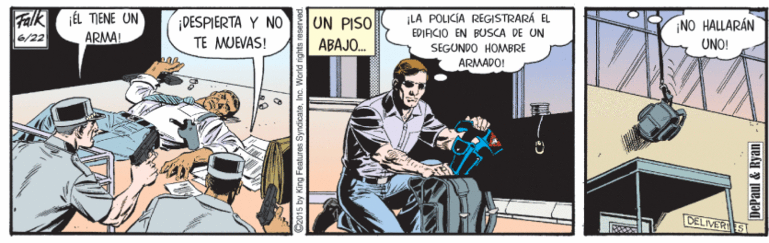 Illustration OCR: Falk iÉL TIENE UN 6/22 ¡DESPIERTA Y NO TE MUEVAS! UN PISO ABAJO. ¡LA POLICIA REGISTRARÁ EL EDIFICIO EN BUSCA DE UN NO HALLARÁN UNO! ARMA! SEGUNDO HOMMBRE ARMADO! DELIVER ST DePaul & Ryan Falk iÉL TIENE UN 6/22 ¡DESPIERTA Y NO TE MUEVAS! UN PISO ABAJO. ¡LA POLICIA REGISTRARÁ EL EDIFICIO EN BUSCA DE UN NO HALLARÁN UNO! ARMA! SEGUNDO HOMMBRE ARMADO! DELIVER ST DePaul & Ryan
