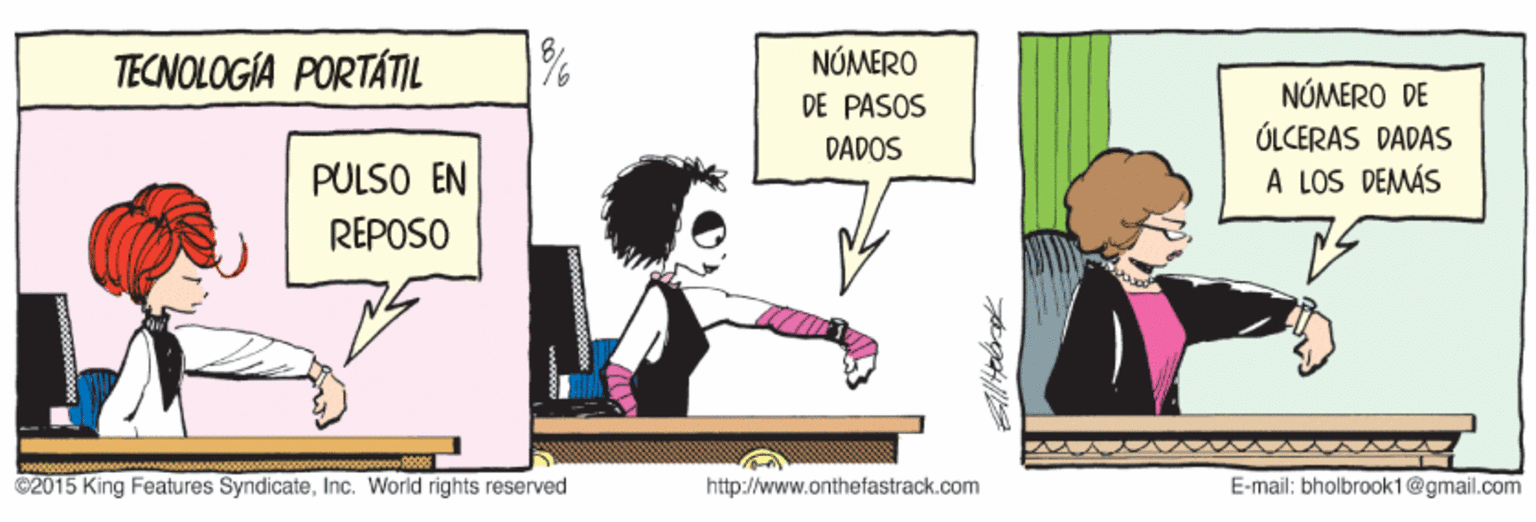 Conversation OCR: TECNOLOGÍA PORTÁTIL NÚMERO DE PASOS NÚMERO DE ÚLCERAS DADAS A LOS DEMÁS DADOS PULSO EN REPOSO C2015 King Features SyndicateInc. World rights reserved http://www.onthetastrack.com E-mail: bholbrook1@gmail.com TECNOLOGÍA PORTÁTIL NÚMERO DE PASOS NÚMERO DE ÚLCERAS DADAS A LOS DEMÁS DADOS PULSO EN REPOSO C2015 King Features SyndicateInc. World rights reserved http://www.onthetastrack.com E-mail: bholbrook1@gmail.com