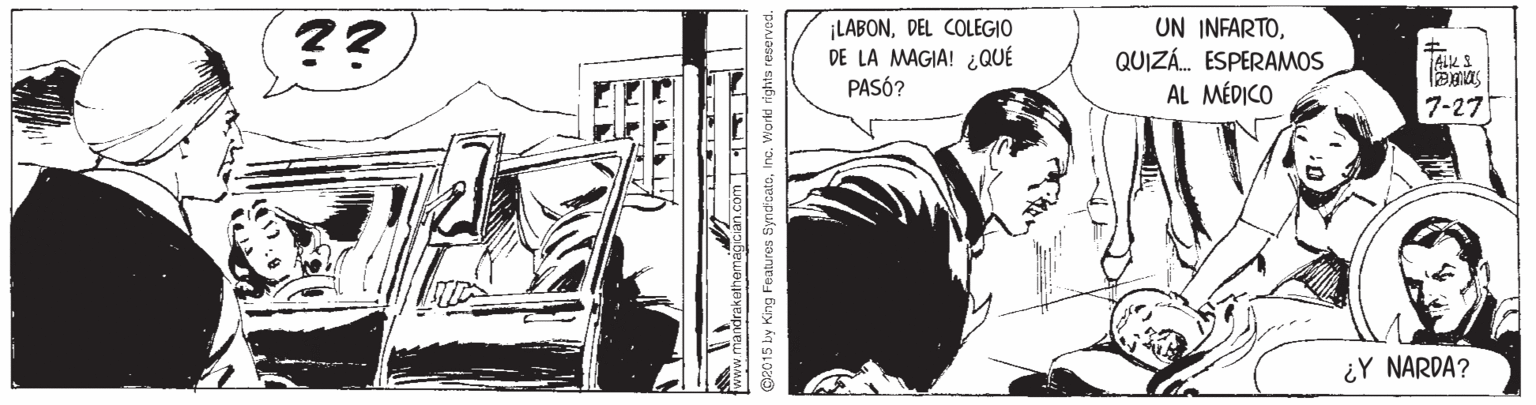 Fictional character OCR: ?? LABONDEL COLEGIO DE LA MAGIA! ¿QUÉ PASÓ? UN INFARTOQUIZÁ. ESPERAMOS AL MÉDICO ALY 3 7-27 ¿Y NARDA? Features Synd catoInc. Word r ?? LABONDEL COLEGIO DE LA MAGIA! ¿QUÉ PASÓ? UN INFARTOQUIZÁ. ESPERAMOS AL MÉDICO ALY 3 7-27 ¿Y NARDA? Features Synd catoInc. Word r