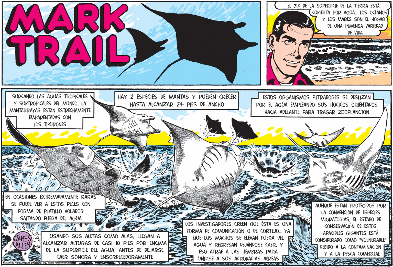 Illustration OCR: MARK TRAIL EL 71% DE LA SUPERACIE DE LA TIERRA ESTÁ CUBIERTA POR AGUA. LOS OCÉANOS) Y LOS MARES SON EL HOGAR DE UNA INMENSA VARIEDAD DE VIDA ESTOS ORGANISMOS ALTRADORES SE DESLIZAN POR EL AGUA EMPLEANDO SUS HOCICOS ORIENTADOS SURCANDO LAS AGUAS TROPICALES Y SUBTROPICALES DEL MUNDOLA MANTARRAYAS ESTÁN ESTRECHAMENTE EMPARENTADAS CON LOS TIBURONES HAY 2 ESPECIES DE MANTAS Y PUEDEN CRECER HASTA ALCANZAR 24 PIES DE ANCHO HACIA ADELANTE PARA TRAGAR ZOOPLANCTON EN OCASIONES EXTREMADAMENTE RARAS SE PUEDE VER A ESTOS PECES CON AUNQUE ESTÁN PROTEGIDOS POR LA CONVENCIÓN DE ESPECIES FORMA DE PLATILLO VOLADOR SALTANDO FUERA DEL AGUA MIGRATORIASEL ESTADO DE CONSERVACIÓN DE ESTOS APACIBLES GIGANTES ESTÁ LOS INVESTIGADORES CREEN QUE ÉSTA ES UNA FORMA DE COMWUNICACIÓN O DE CORTEJO. YA QUE LOS MACHOS SE ELEVAN FUERA DEL AGUA Y REGRESAN DEJÁNDOSE CAERY ESO ATRAE A LAS HEMBRAS PARA UNIRSE A SUS ACROBACIAS AÉREAS JAMES 3 ALLEN USANDO SUS ALETAS COMO ALASLLEGANA ALCANZAR ALTURAS DE CASI 10 PIES POR ENCIMA CONSIDERADO COMO "VULNERABLE" | DEBIDO A LA CONTAMINACIÓN DE LA SUPERACIE DEL AGUAANTES DE DEJARSE CAER SONORA Y ENSORDECEDORAMENTE YA LA PESCA COMERCIAL G2016 by North Americe SyndioNWOga reerved MARK TRAIL EL 71% DE LA SUPERACIE DE LA TIERRA ESTÁ CUBIERTA POR AGUA. LOS OCÉANOS) Y LOS MARES SON EL HOGAR DE UNA INMENSA VARIEDAD DE VIDA ESTOS ORGANISMOS ALTRADORES SE DESLIZAN POR EL AGUA EMPLEANDO SUS HOCICOS ORIENTADOS SURCANDO LAS AGUAS TROPICALES Y SUBTROPICALES DEL MUNDOLA MANTARRAYAS ESTÁN ESTRECHAMENTE EMPARENTADAS CON LOS TIBURONES HAY 2 ESPECIES DE MANTAS Y PUEDEN CRECER HASTA ALCANZAR 24 PIES DE ANCHO HACIA ADELANTE PARA TRAGAR ZOOPLANCTON EN OCASIONES EXTREMADAMENTE RARAS SE PUEDE VER A ESTOS PECES CON AUNQUE ESTÁN PROTEGIDOS POR LA CONVENCIÓN DE ESPECIES FORMA DE PLATILLO VOLADOR SALTANDO FUERA DEL AGUA MIGRATORIASEL ESTADO DE CONSERVACIÓN DE ESTOS APACIBLES GIGANTES ESTÁ LOS INVESTIGADORES CREEN QUE ÉSTA ES UNA FORMA DE COMWUNICACIÓN O DE CORTEJO. YA QUE LOS MACHOS SE ELEVAN FUERA DEL AGUA Y REGRESAN DEJÁNDOSE CAERY ESO ATRAE A LAS HEMBRAS PARA UNIRSE A SUS ACROBACIAS AÉREAS JAMES 3 ALLEN USANDO SUS ALETAS COMO ALASLLEGANA ALCANZAR ALTURAS DE CASI 10 PIES POR ENCIMA CONSIDERADO COMO "VULNERABLE" | DEBIDO A LA CONTAMINACIÓN DE LA SUPERACIE DEL AGUAANTES DE DEJARSE CAER SONORA Y ENSORDECEDORAMENTE YA LA PESCA COMERCIAL G2016 by North Americe SyndioNWOga reerved