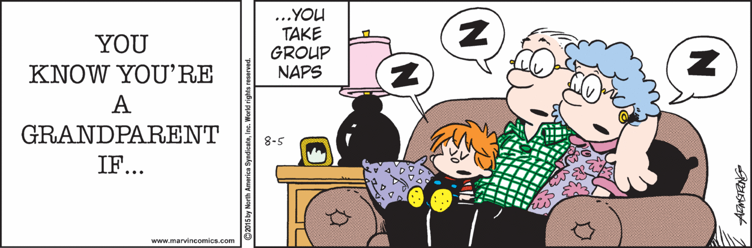 Happy OCR: ...YOU TAKE GROUP NAPS YOU KNOW YOU'RE A GRANDPARENT 8-5 IF... www.marvincomics.com ©2015 by North America SyndicateInc. World rights ...YOU TAKE GROUP NAPS YOU KNOW YOU'RE A GRANDPARENT 8-5 IF... www.marvincomics.com ©2015 by North America SyndicateInc. World rights