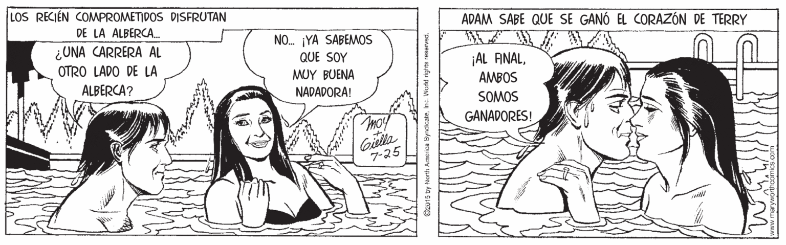 Line OCR: LOS RECIEN COMPROMETIDOS DISFRUTAN DE LA ALBERCA. ADAM SABE QUE SE GANÓ EL CORAZÓN DE TERRY NO. ¡YA SABEMOS ¿UNA CARRERA AL OTRO LADO DE LA QUE SOY ¡AL ANALAMBOS MUY ?UEN? ALBERCA? NADADORA! SOMOS GANADORES! moy Giella 7-25 LOS RECIEN COMPROMETIDOS DISFRUTAN DE LA ALBERCA. ADAM SABE QUE SE GANÓ EL CORAZÓN DE TERRY NO. ¡YA SABEMOS ¿UNA CARRERA AL OTRO LADO DE LA QUE SOY ¡AL ANALAMBOS MUY ?UEN? ALBERCA? NADADORA! SOMOS GANADORES! moy Giella 7-25