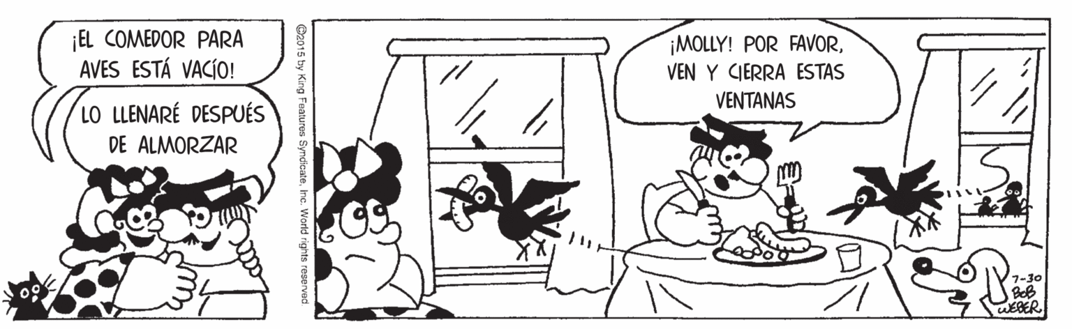 Line art OCR: EL COMEDOR PARA AVES ESTÁ VACÍO! ¡MOLLY! POR FAVORVEN Y CIERRA ESTAS VENTANAS LO LLENARÉ DESPUÉS DE ALMORZAR 7-30 BoB WEBER EL COMEDOR PARA AVES ESTÁ VACÍO! ¡MOLLY! POR FAVORVEN Y CIERRA ESTAS VENTANAS LO LLENARÉ DESPUÉS DE ALMORZAR 7-30 BoB WEBER