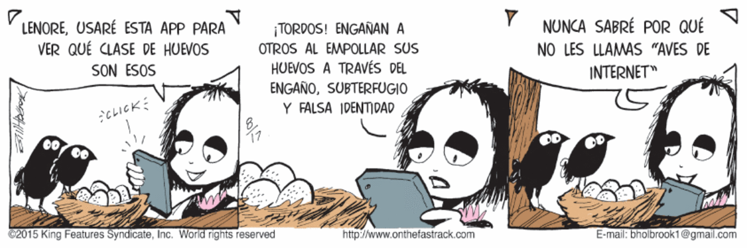 Fictional character OCR: LENOREUSARÉ ESTA APP PARA VER QUÉ CLASE DE HUEVOS SON ESOS ¡TORDOS! ÉNGAÑAN A OTROS AL EMPOLLAR SUS HUEVOS A TRAVÉS DEL NUNCA SABRÉ POR QUÉ NO LES LLAMAS "AVES DE INTERNET" ENGAÑOSUBTERFUGIO Y FALSA IDENTIDAD :CLICK 7 2015 King Features SyndicateInc. World rights reserved http://www.onthefastrack.com E-mail: bholbrook1@gmail.com LENOREUSARÉ ESTA APP PARA VER QUÉ CLASE DE HUEVOS SON ESOS ¡TORDOS! ÉNGAÑAN A OTROS AL EMPOLLAR SUS HUEVOS A TRAVÉS DEL NUNCA SABRÉ POR QUÉ NO LES LLAMAS "AVES DE INTERNET" ENGAÑOSUBTERFUGIO Y FALSA IDENTIDAD :CLICK 7 2015 King Features SyndicateInc. World rights reserved http://www.onthefastrack.com E-mail: bholbrook1@gmail.com