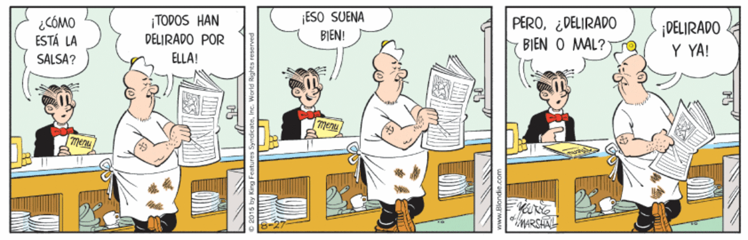 People OCR: ESO SUENA ¿CÓMO ESTÁ LA ¡TODOS HAN DELIRADO POR PERO¿DELIRADO BIEN O MAL? ro ¡DELIRADO Y YA! BIEN! SALSA? ELLA! menu menu MARSHAL ESO SUENA ¿CÓMO ESTÁ LA ¡TODOS HAN DELIRADO POR PERO¿DELIRADO BIEN O MAL? ro ¡DELIRADO Y YA! BIEN! SALSA? ELLA! menu menu MARSHAL
