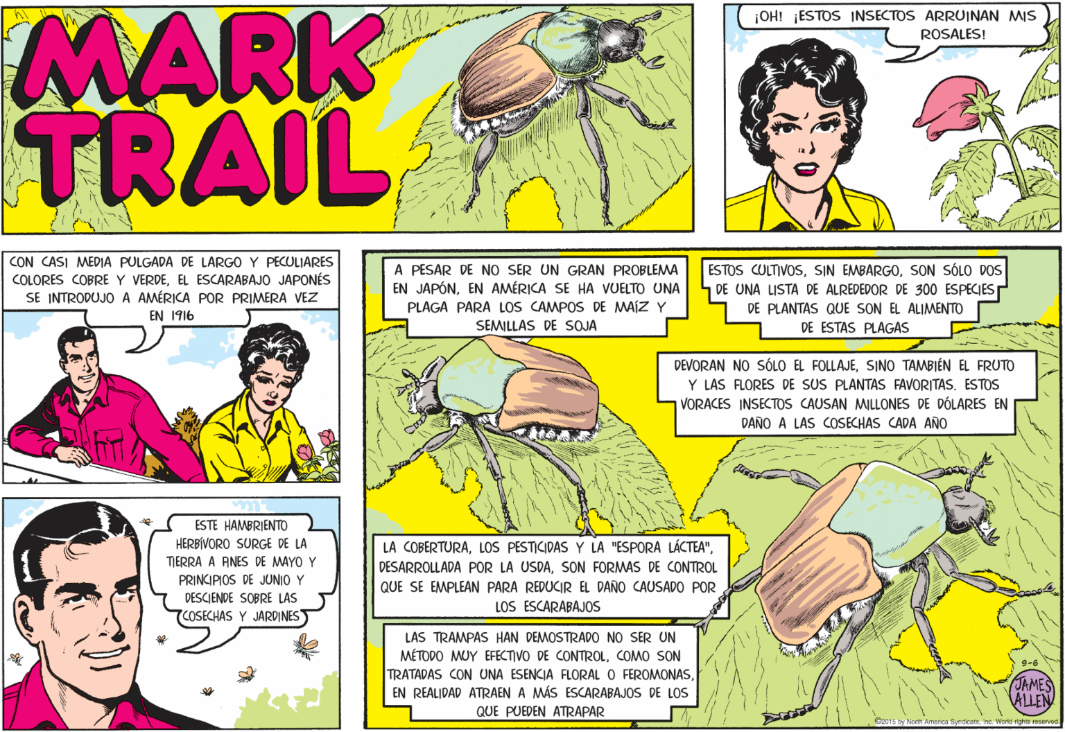 Line OCR: MARK TRAIL |OH! ¡ESTOS INSECTOS ARRUINAN MIS ROSALES! CON CASI MEDIA PULGADA DE LARGO Y PECULIARES COLORES COBRE Y VERDEEL ESCARABAJO JAPONÉS SE INTRODUJO A AMÉRICA POR PRIMERA VEZ A PESAR DE NO SER UN GRAN PROBLEMA EN JAPÓNEN AMÉRICA SE HA VUELTO UNA PLAGA PARA LOS CAMPOS DE MAÍZ Y ESTOS CULTIVOSSON SÓLO DOS 1 DE UNA LISTA DE ALREDEDOR DE 300 ESPECIES DE PLANTAS QUE SON EL ALIMENTO DE ESTAS PLAGAS EN 1916 SEMILLAS DE SOJA DEVORAN NO SÓLO EL FOLLAJESINO TAMBIÉN EL FRUTO Y LAS FLORES DE SUS PLANTAS FAVORITAS. ESTOS VORACES INSECTOS CAUSAN MILLONES DE DÓLARES EN DAÑO A LAS COSECHAS CADA AÑO ESTE HAMBRIENTO HERBÍVORO SURGE DE LA TIERRA A ANES DE MAYO Y LA COBERTURASON FORMAS DE CONTROL QUE SE EMPLEAN PARA REDUCIR EL DANO CAUSADO POR LOS ESCARABAJOS PRINCIPIOS DE JUNIO Y DESCIENDE SOBRE LAS 7COSECHAS Y JARDINES LAS TRAMPAS HAN DEMOSTRADO NO SER UN MÉTODO MUY EFECTIVO DE CONTROLCOMO SON TRATADAS CON UNA ESENCIA FLORAL O FEROMONASEN REALIDAD ATRAEN A MÁS ESCARABAJOS DE LOS JAMES ALLEN QUE PUEDEN ATRAPAR Syedtathe Wet rights reserved. MARK TRAIL |OH! ¡ESTOS INSECTOS ARRUINAN MIS ROSALES! CON CASI MEDIA PULGADA DE LARGO Y PECULIARES COLORES COBRE Y VERDEEL ESCARABAJO JAPONÉS SE INTRODUJO A AMÉRICA POR PRIMERA VEZ A PESAR DE NO SER UN GRAN PROBLEMA EN JAPÓNEN AMÉRICA SE HA VUELTO UNA PLAGA PARA LOS CAMPOS DE MAÍZ Y ESTOS CULTIVOSSIN EMBARGOSON SÓLO DOS 1 DE UNA LISTA DE ALREDEDOR DE 300 ESPECIES DE PLANTAS QUE SON EL ALIMENTO DE ESTAS PLAGAS EN 1916 SEMILLAS DE SOJA DEVORAN NO SÓLO EL FOLLAJESINO TAMBIÉN EL FRUTO Y LAS FLORES DE SUS PLANTAS FAVORITAS. ESTOS VORACES INSECTOS CAUSAN MILLONES DE DÓLARES EN DAÑO A LAS COSECHAS CADA AÑO ESTE HAMBRIENTO HERBÍVORO SURGE DE LA TIERRA A ANES DE MAYO Y LA COBERTURALOS PESTICIDAS Y LA "ESPORA LÁCTEA"DESARROLLADA POR LA USDASON FORMAS DE CONTROL QUE SE EMPLEAN PARA REDUCIR EL DANO CAUSADO POR LOS ESCARABAJOS PRINCIPIOS DE JUNIO Y DESCIENDE SOBRE LAS 7COSECHAS Y JARDINES LAS TRAMPAS HAN DEMOSTRADO NO SER UN MÉTODO MUY EFECTIVO DE CONTROLCOMO SON TRATADAS CON UNA ESENCIA FLORAL O FEROMONASEN REALIDAD ATRAEN A MÁS ESCARABAJOS DE LOS JAMES ALLEN QUE PUEDEN ATRAPAR Syedtathe Wet rights reserved.