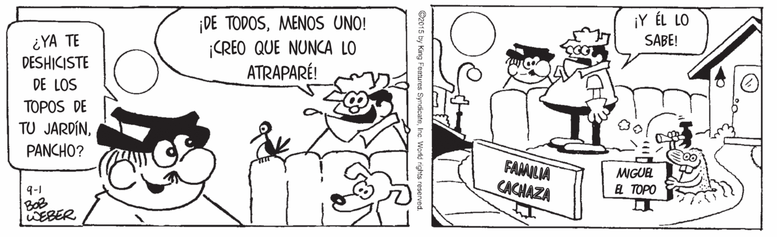 Rectangle OCR: ¿YA TE DESHICISTE DE LOS DE TODOSMENOS UNO! CREO QUE NUNCA LO ATRAPARÉ! ¡Y ÉL LO SABE! TOPOS DE TU JARDÍNPANCHO? FAMILIA CACHAZA MGUEL 9-1 L TOPO BOB WEBER ©2015 by King Features SyndicateIne World rights reserved. ¿YA TE DESHICISTE DE LOS DE TODOSMENOS UNO! CREO QUE NUNCA LO ATRAPARÉ! ¡Y ÉL LO SABE! TOPOS DE TU JARDÍNPANCHO? FAMILIA CACHAZA MGUEL 9-1 L TOPO BOB WEBER ©2015 by King Features SyndicateIne World rights reserved.