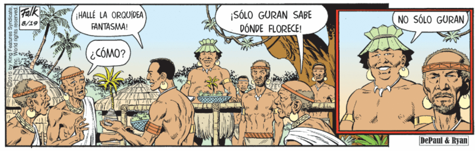 Illustration OCR: Falk ¡SÓLO GURAN SABE DÓNDE FLORECE! HALLE LA ORQUÍDEA NO SÓLO GURAN 8/19 FANTASMA! DePaul & Ryan G2015 by King Features Syndicate. Falk ¡SÓLO GURAN SABE DÓNDE FLORECE! HALLE LA ORQUÍDEA NO SÓLO GURAN 8/19 FANTASMA! DePaul & Ryan G2015 by King Features Syndicate.
