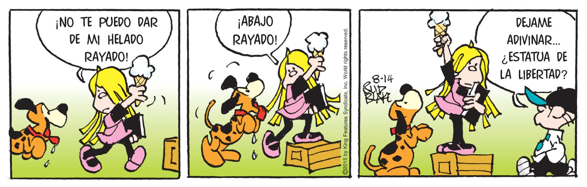 Line OCR: ¡NO TE PUEDO DAR DE MI HELADO ¡ABAJO RAYADO! DEJAME ADIVINAR. ¿ ESTATUA DE LA LIBERTAD? RAYADO! 8-14 ¡NO TE PUEDO DAR DE MI HELADO ¡ABAJO RAYADO! DEJAME ADIVINAR. ¿ ESTATUA DE LA LIBERTAD? RAYADO! 8-14