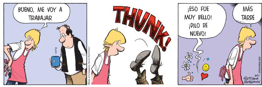 Illustration OCR: THUNK MÁS TARDE BUENOME VOY A TRABAJAR ¡ESO FUE MUY BELLO! ¡DILO DE NUEVO! THUNK MÁS TARDE BUENOME VOY A TRABAJAR ¡ESO FUE MUY BELLO! ¡DILO DE NUEVO!