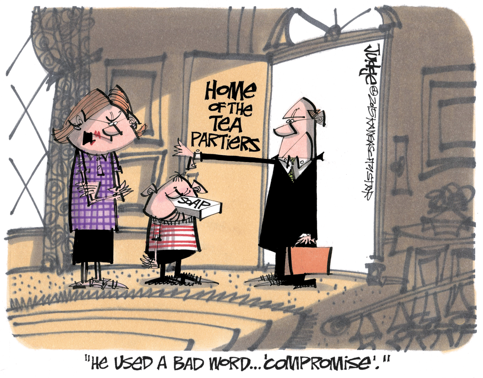 Conversation OCR: HOME OF THe TEA PARTIERS SAP "He USED A BAD WORD..COMPROMISE'." HOME OF THe TEA PARTIERS SAP "He USED A BAD WORD..COMPROMISE'."