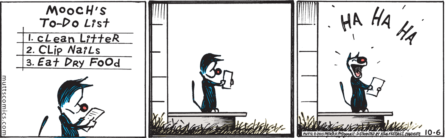 Graphic design OCR: MOOCH'S To-Do List ?? ?? ?? 1. CLean LitteR 2. CLIP NaiLs 3. Eat DRy Food muttscomics.com MOOCH'S To-Do List ?? ?? ?? 1. CLean LitteR 2. CLIP NaiLs 3. Eat DRy Food muttscomics.com