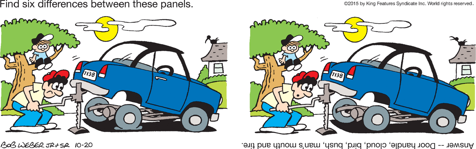 Illustration OCR: ©2015 by King Features Syndicate Inc. World rights reserved. Find six differences between these panels. 7138 Answer -- Door handleman's mouth and tire. BaB WEBER JRISR 10-20 ©2015 by King Features Syndicate Inc. World rights reserved. Find six differences between these panels. 7138 Answer -- Door handleman's mouth and tire. BaB WEBER JRISR 10-20